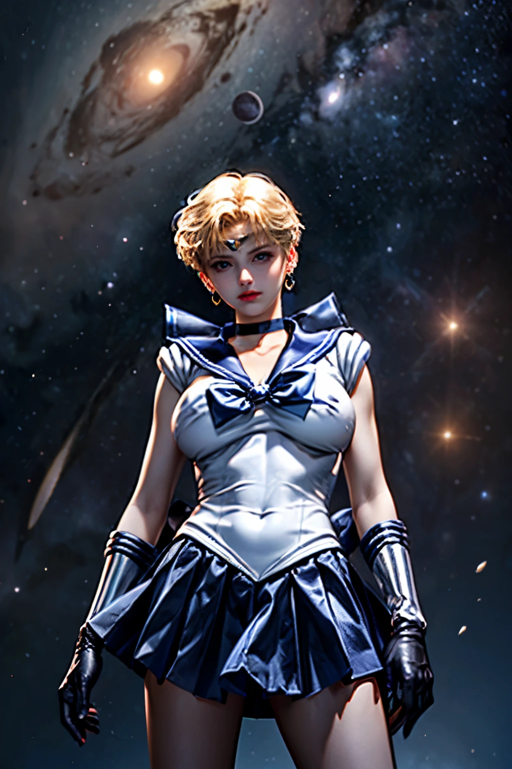 (Ultra-realistic,32k, masterpiece:1.2),(Skin with attention to detail:1.1),( high quality:1.1),
One girl,(Happy:1.1), alone, EPsm Sailor Uranus, short hair, Blonde, blue eyes, bishoujo senshi sailor moon, blue choker, blue Sailor collar, blue skirt, bow, choker, Earrings, gloves, High resolution, jewelry, Outer Warrior, Sailor collar, Sailor Warriors, skirt, , alone, very short hair, white gloves, yellow bow, Milky Way (Planet Uranus:1.2) In the background,, (View your viewers, Are standing, From below:1.1),,(Huge breasts,big breasts:1.1),(Dynamic Lighting:1.1),