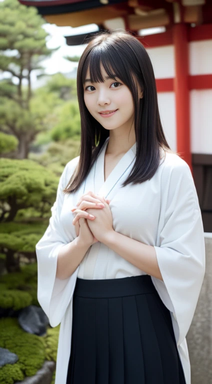 (She wore a white kimono and a long scarlet skirt.、Close-up of a girl with a slim figure, small breasts and long bangs:1.5)、(A girl with a small smile clasping her hands together in the precincts of a Japanese shrine:1.5)、(Beautiful blue sky :1.3)、(Perfect Anatomy:1.3)、(Full Finger:1.3)、(8k:1.3)、Photorealistic photography、Tabletop、highest quality、High resolution、Delicate and beautiful、Perfect Face、Beautiful fine details、Fair skin、Real human skin、((Thin legs))、(Black Hair)