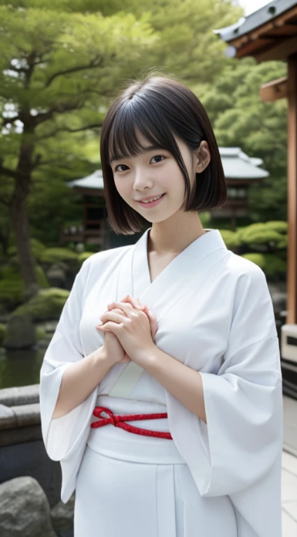 (She wore a white kimono and a long scarlet skirt.、Close-up of a girl with a slim figure, small breasts and long bangs:1.5)、(A girl with a small smile clasping her hands together in the precincts of a Japanese shrine:1.5)、(Beautiful blue sky :1.3)、(Perfect Anatomy:1.3)、(Full Finger:1.3)、(8k:1.3)、Photorealistic photography、Tabletop、highest quality、High resolution、Delicate and beautiful、Perfect Face、Beautiful fine details、Fair skin、Real human skin、((Thin legs))、(Black Hair)