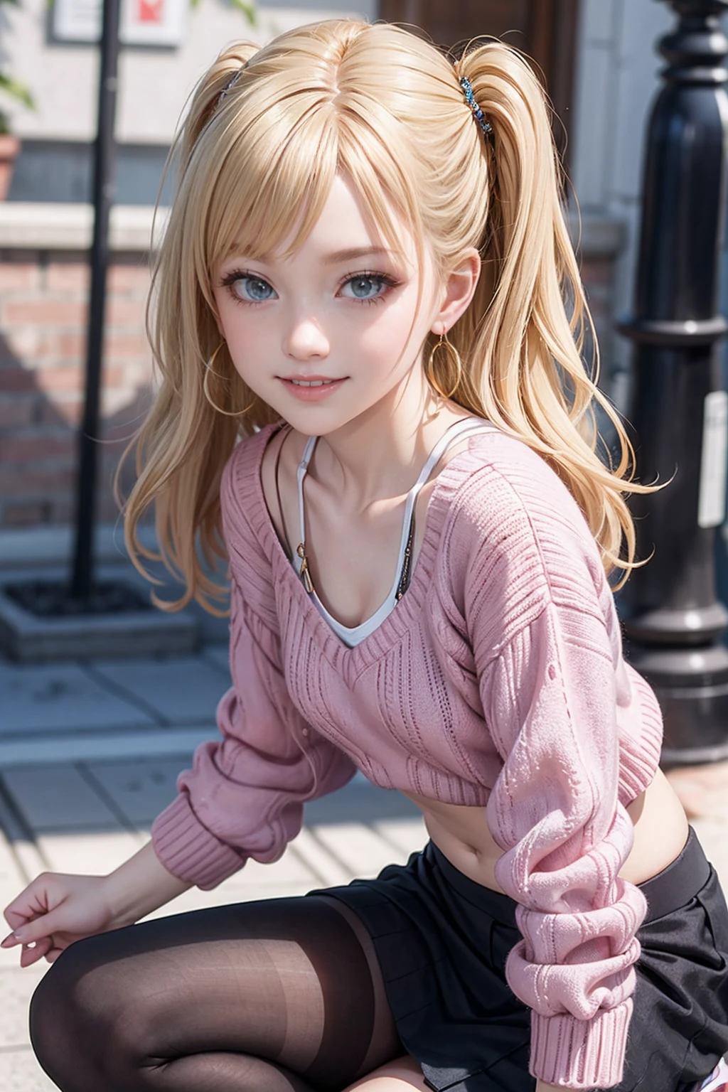 ((最high quality, 8K, masterpiece: 1.3, Ultra HD, high quality, 最high quality, High resolution, realism)) 、25-year-old Caucasian female、blue eyes、long hair、smile、slender、slenderだがアスリートのような細マッチョ、I want my head to stay off screen、Wear accessories on your wrist、Wearing red nail polish、I have a peticure、aerial perspective((atmospheric perspective))、smile((smiley))、background blur((depth of field)、Crystal Earrings((crystal earrings))、Blonde((blonde hair))、Bangs at the parting((parted bangs))、Side Up((hair one side up))、Shearing Top((shirring top))wear、Wear knitted tights、Wear a low-rise micro mini skirt、No sleeve、Wear sneakers、In the Soho district