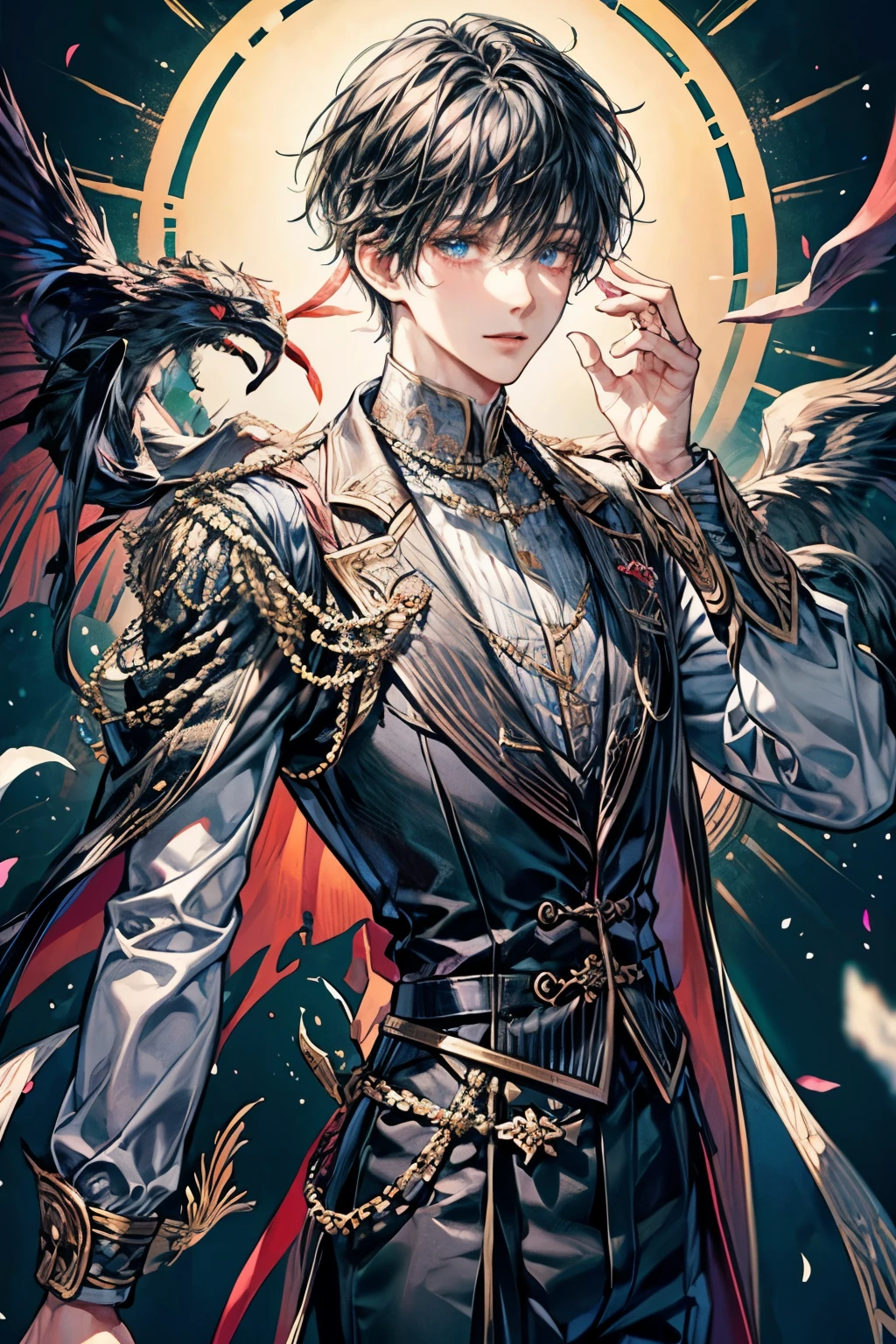 Male, black hair with pink highlights, Incubus, Demon of lust, blue eyes, pale, short fluffy hair, slender body, masterpiece, intricate details, beautiful, handsome, heart themed, ((Best quality)), ((masterpiece)), (detailed), ((perfect face)), ((halfbody)) handsome face, male, , perfect proportions , an artwork created by nardack