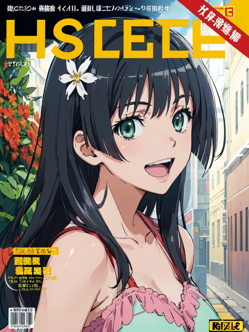 hustlercover, (High resolution:1.4), (masutepiece:1.2), (High quality:1.3) 1girl, saten ruiko, hair ornament, green eyes, long hair, black hair, small breast, huge smile. open mouth