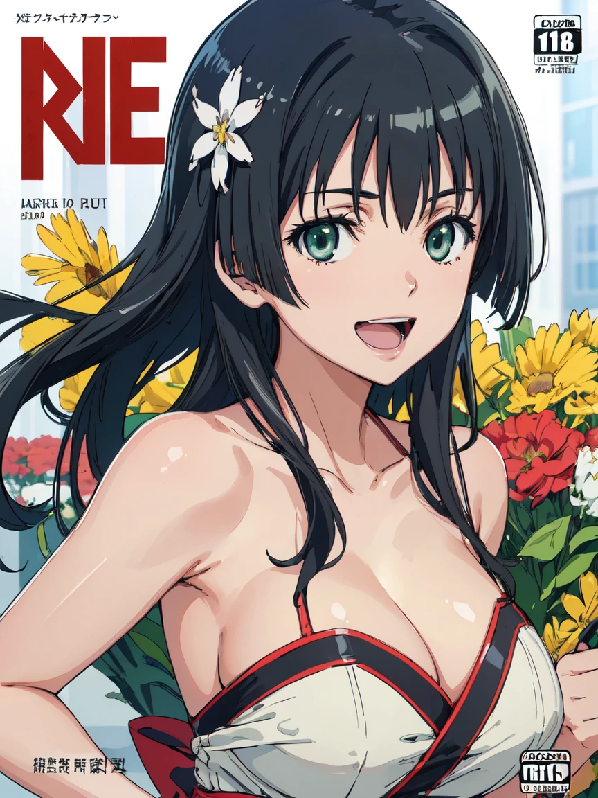 hustlercover, (High resolution:1.4), (masutepiece:1.2), (High quality:1.3) 1girl, saten ruiko, hair ornament, green eyes, long hair, black hair, small breast, huge smile. open mouth