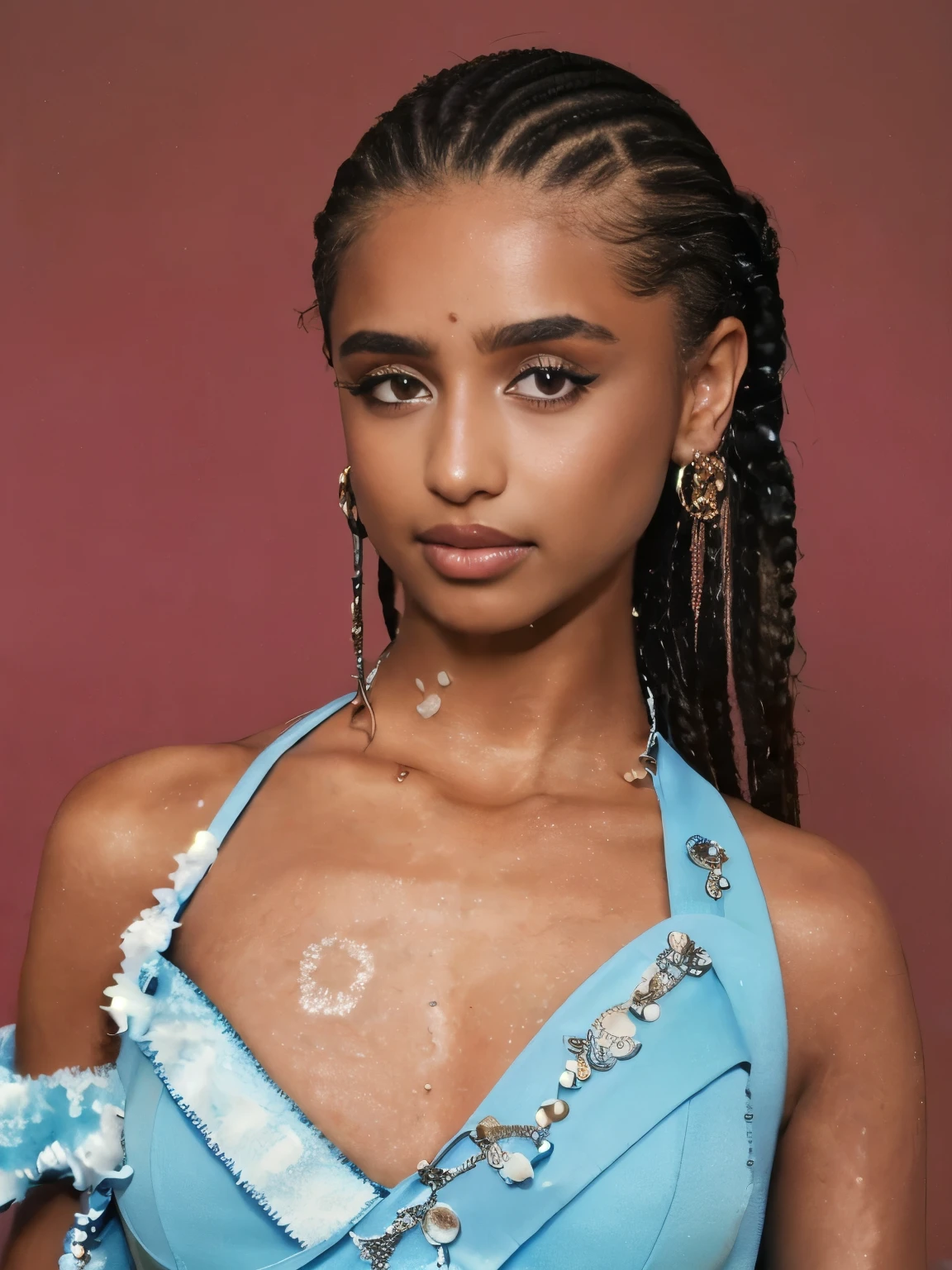 a close up of a woman with a braided ponytail and a blue dress, gettyimages, getty images, she has olive brown skin, imaan hammam, 2022, 2 0 2 2, ashteroth, in style of tyler mitchell, smooth in _ the background, stunning beauty, cornrows, arian mark, photo in style of tyler mitchell