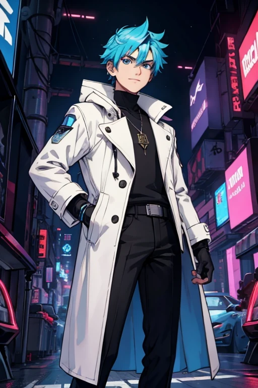 male, tan short hair, blue eyes, (((1boy))), (((white cyberpunk coat with blue trim))), (black long sleeve v-neck t-shirt), (necklace with dragon head pendant), (black pants with blue trim), (black white cybernetic boots), (black fingerless gloves), long legs, smiling, single person