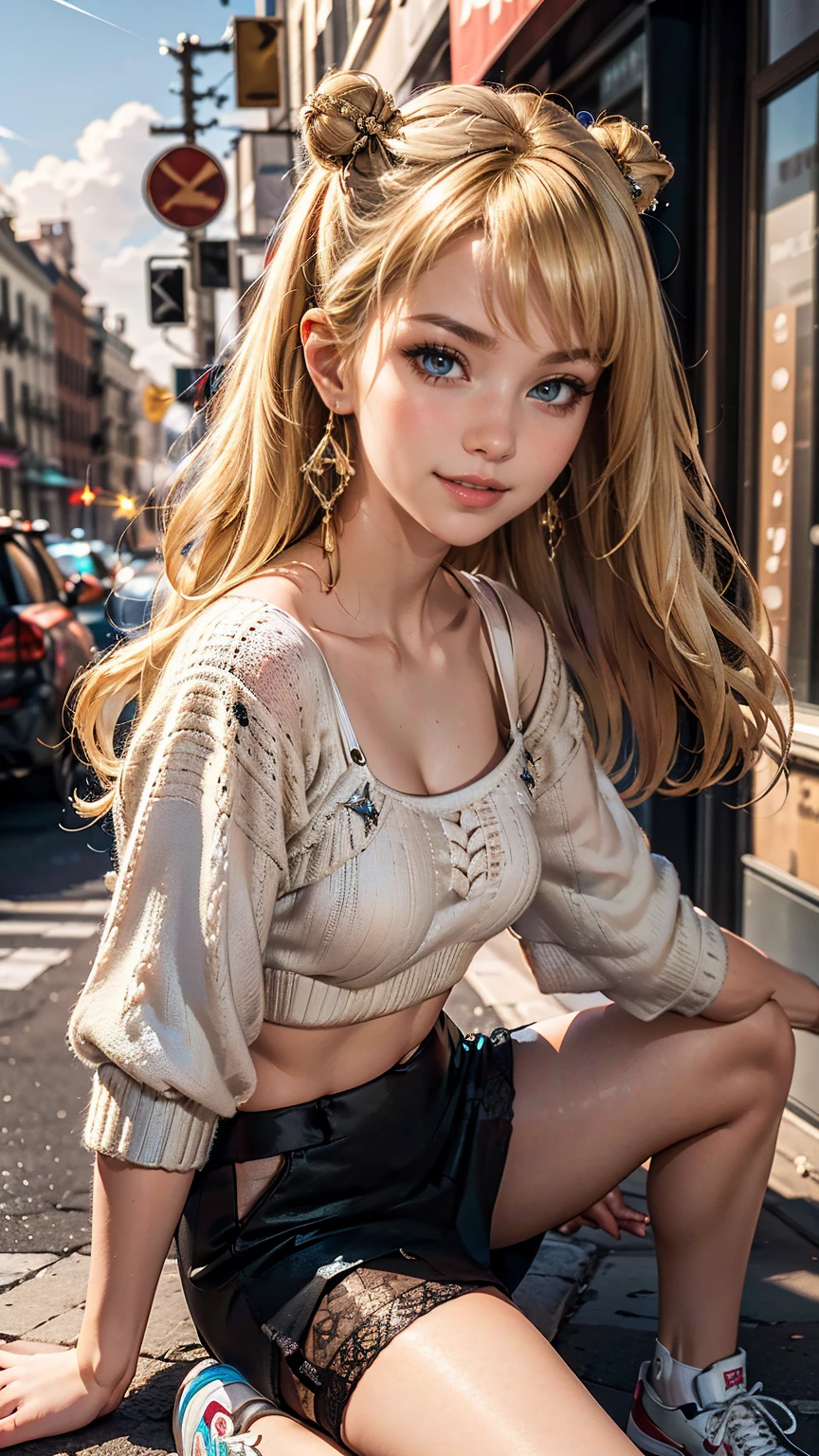 ((最high quality, 8K, masterpiece: 1.3, Ultra HD, high quality, 最high quality, High resolution, realism)) 、25-year-old Caucasian female、blue eyes、long hair、smile、slender、slenderだがアスリートのような細マッチョ、I want my head to stay off screen、Wear accessories on your wrist、Wearing red nail polish、I have a peticure、aerial perspective((atmospheric perspective))、smile((smiley))、background blur((depth of field)、Crystal Earrings((crystal earrings))、Blonde((blonde hair))、Bangs at the parting((parted bangs))、Side Up((hair one side up))、Shearing Top((shirring top))wear、Wear knitted tights、Wear a low-rise micro mini skirt、No sleeve、Wear sneakers、In the Soho district