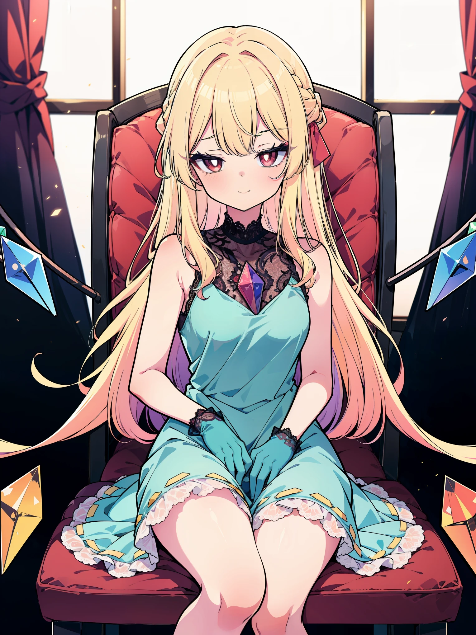 (cowboy shot), (colorful:1.1), (ultra-high resolution, depth of field:1.2), (Flandre scarlet:1.1), (1woman), (adult), in her 20s, Touhou project, (medium breasts), (red eyes), white pupils, glowing eyes, blonde hair, wavy hair, (long hair:1.1), (french braid), Arranged from the tip of her wings her 8 crystals which are presented in seven colors: light blue, blue, purple, pink, orange, yellow, light green and finally light blue again, (wearing a gala dress:1.2), frills, (long lace gloves), seductive smile, (elegant ballroom scenery), dim lighting, sitting on an elegant chair