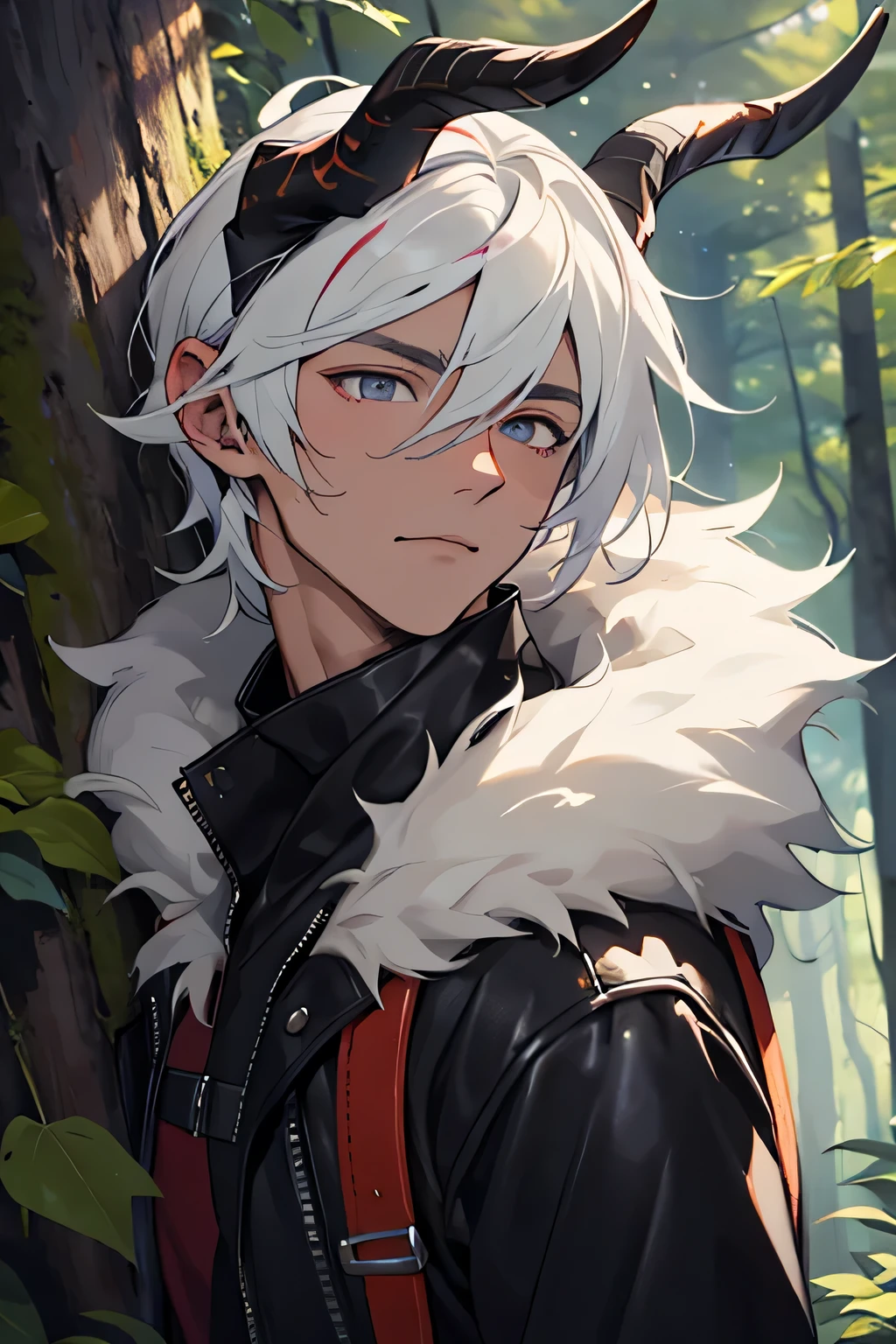 , pure, anthropology, male, Solitary, Leather, Piebald fur,Animal horns have eyelids, Forest background