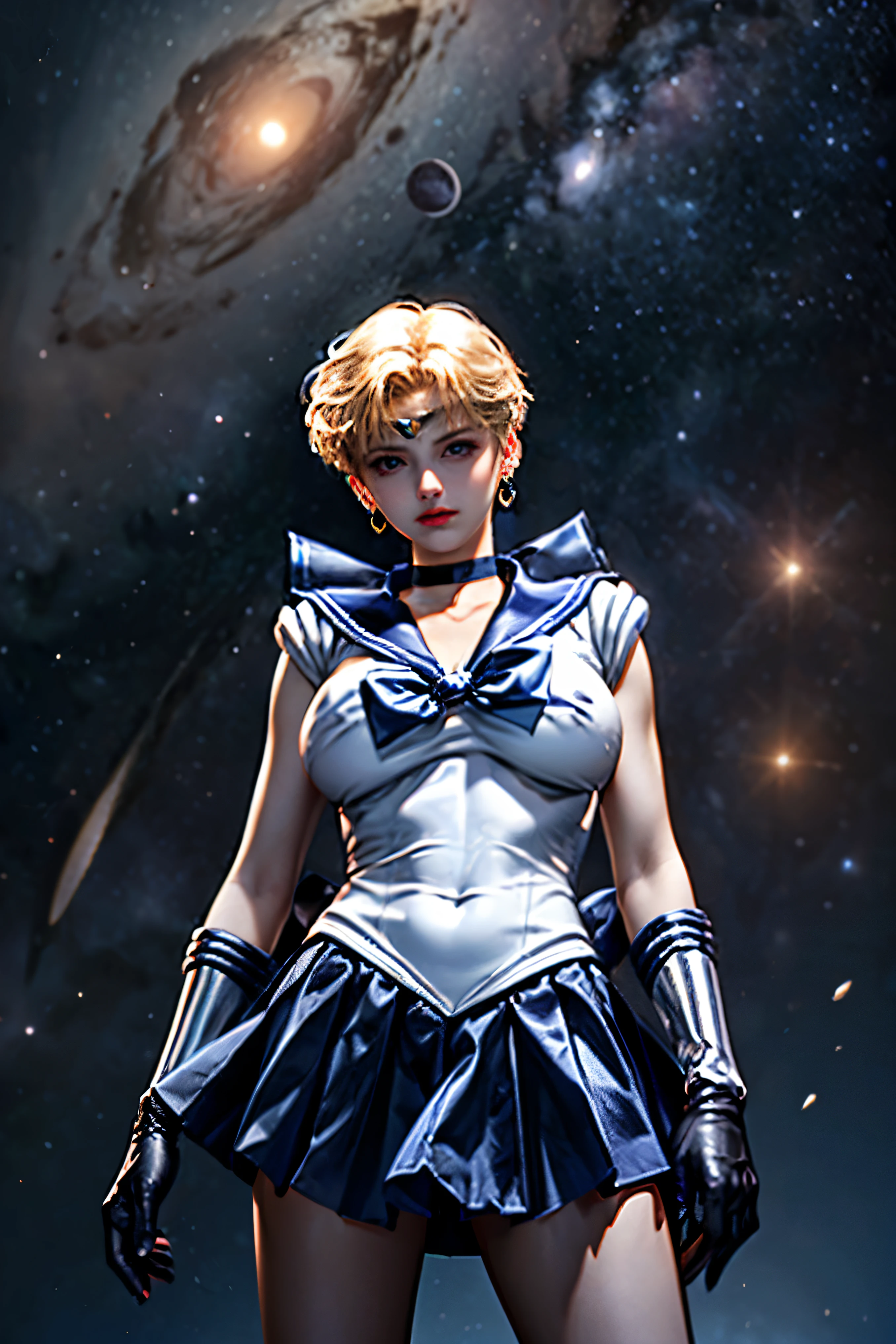 (Ultra-realistic,32k, masterpiece:1.2),(Skin with attention to detail:1.1),( high quality:1.1),
One girl,(Happy:1.1), alone, EPsm Sailor Uranus, short hair, Blonde, blue eyes, bishoujo senshi sailor moon, blue choker, blue Sailor collar, blue skirt, bow, choker, Earrings, gloves, High resolution, jewelry, Outer Warrior, Sailor collar, Sailor Warriors, skirt, , alone, very short hair, white gloves, yellow bow, Milky Way (Planet Uranus:1.2) In the background,, (View your viewers, Are standing, From below:1.1),,(Huge breasts,big breasts:1.1),(Dynamic Lighting:1.1),