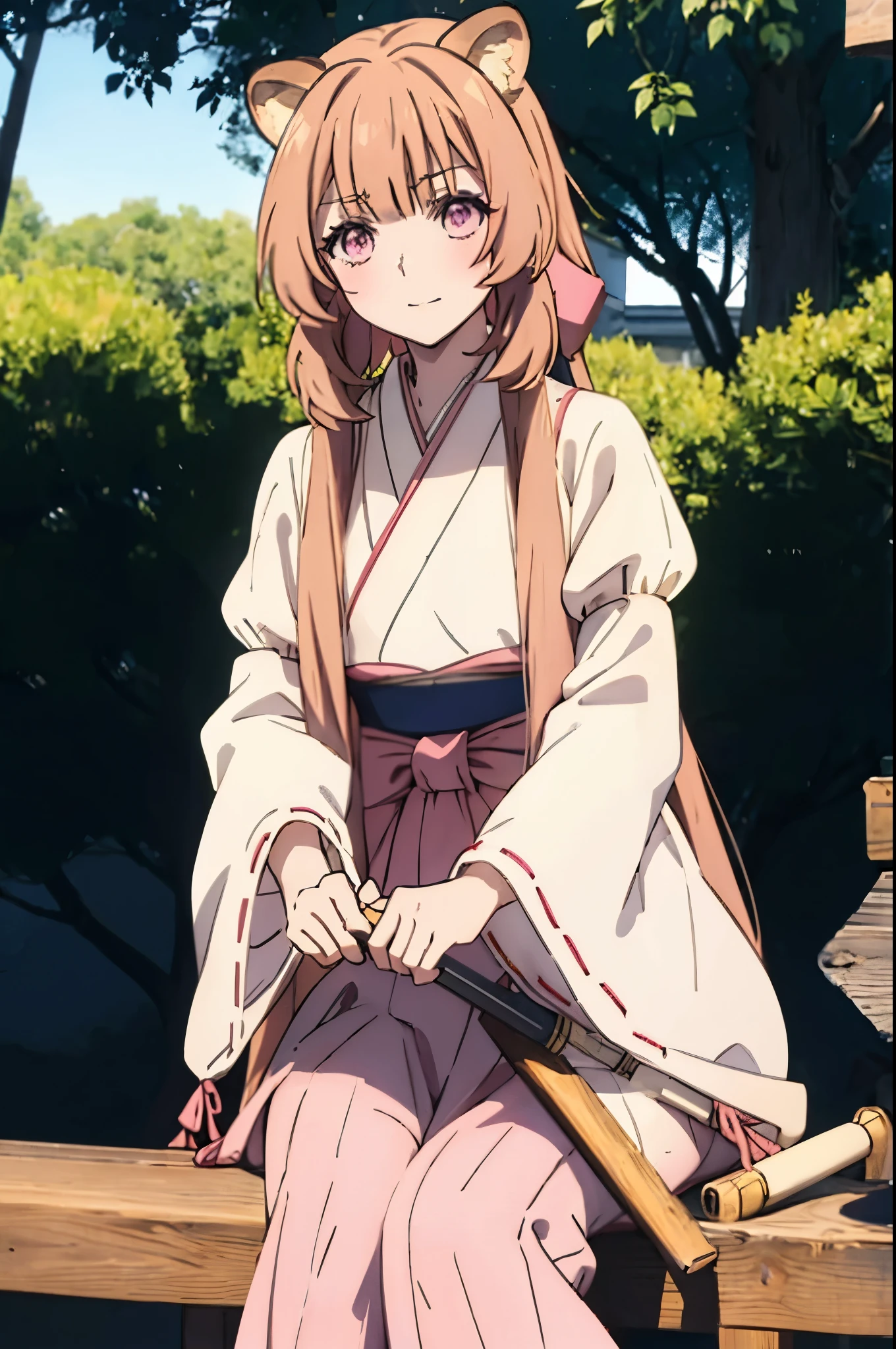 Raphtalia, Raphtalia, Long Hair, bangs, brown hair, Animal ears, Raccoon Ears, Raccoon Tail, Raccoon Girl, (Pink Eyes:1.3), happy smile, smile, Open your mouth,Platycodon grandiflorum,Miko, White Kimono,Red Hakama Kimono, As with the skirt, Wide sleeves, Long sleeve, Thick sleeves,Ribbon-trimmed sleeves, Daytime,Clear skies,
とてもLong Hair, 鈍いbangs, Low ponytail, 
break outdoors, shrine,torii,
break looking at viewer, (Cowboy Shot:1.5),
break (masterpiece:1.2), highest quality, High resolution, unity 8k wallpaper, (figure:0.8), (Beautiful fine details:1.6), Highly detailed face, Perfect lighting, Highly detailed CG, (Perfect hands, Perfect Anatomy),