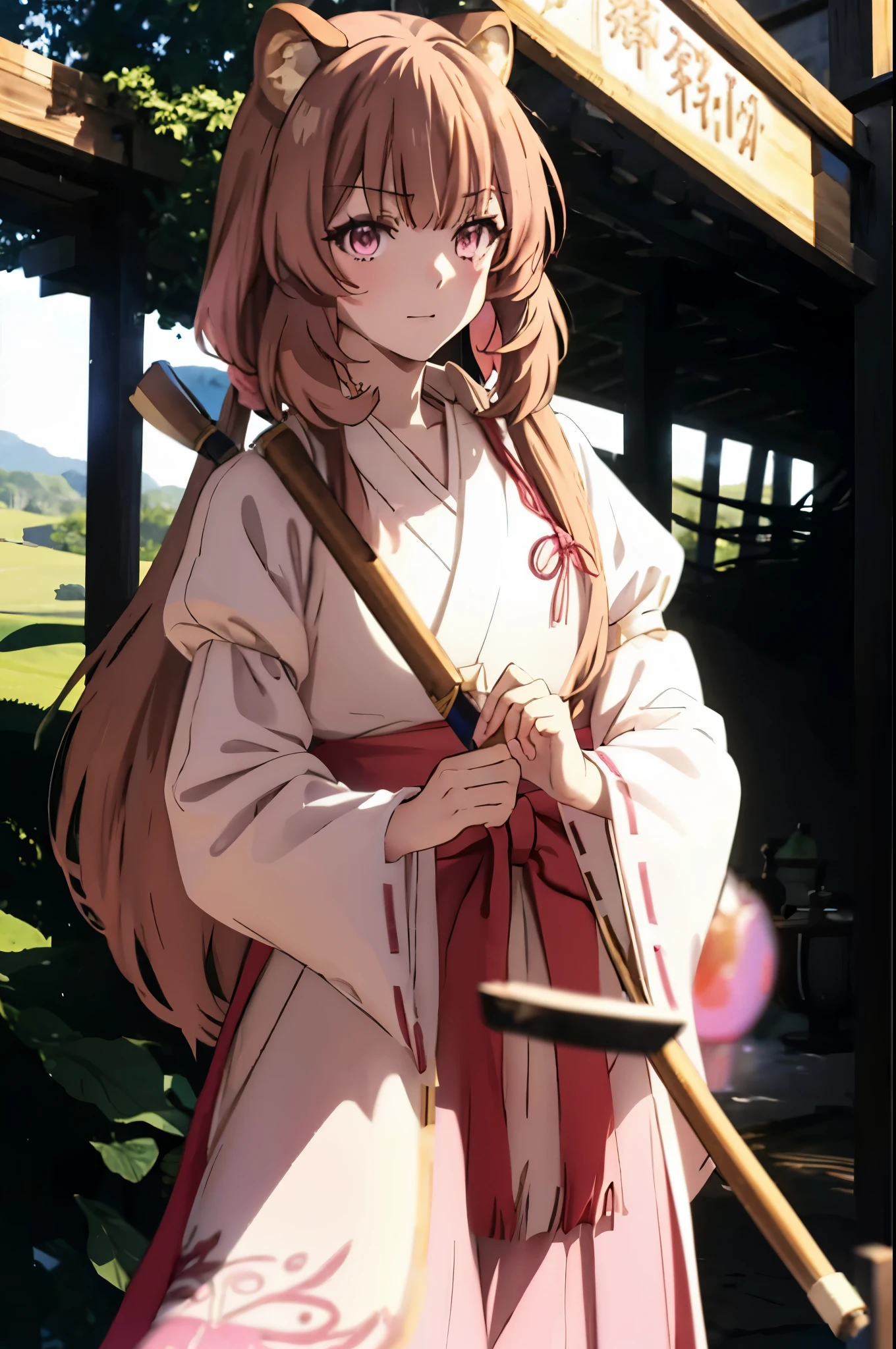 Raphtalia, Raphtalia, Long Hair, bangs, brown hair, Animal ears, Raccoon Ears, Raccoon Tail, Raccoon Girl, (Pink Eyes:1.3), happy smile, smile, Open your mouth,Platycodon grandiflorum,Miko, White Kimono,Red Hakama Kimono, As with the skirt, Wide sleeves, Long sleeve, Thick sleeves,Ribbon-trimmed sleeves, Daytime,Clear skies,
とてもLong Hair, 鈍いbangs, Low ponytail, 
break outdoors, shrine,torii,
break looking at viewer, (Cowboy Shot:1.5),
break (masterpiece:1.2), highest quality, High resolution, unity 8k wallpaper, (figure:0.8), (Beautiful fine details:1.6), Highly detailed face, Perfect lighting, Highly detailed CG, (Perfect hands, Perfect Anatomy),