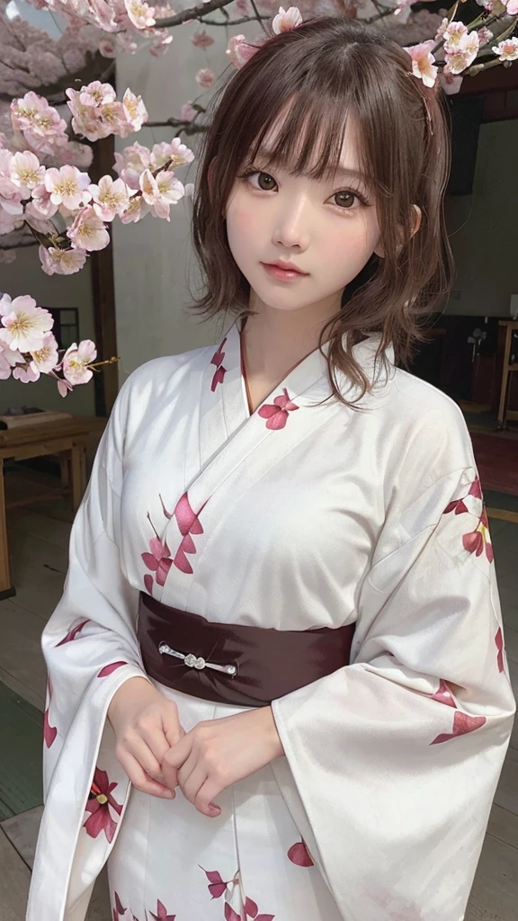 One Girl, (Beautiful girls, Delicate girl:1.3), (:1.3),
break, (Floral, kimono, kimono, white kimono:1.3),
break, Very fine grain, (Symmetrical eyes:1.3),
break, (cherry blossoms, filled with cherry blossoms, surrounded by cherry blossoms:1.2), perfectly trimmed fingers,
break, Small breasts, Brown eyes, Parted bangs, brown hair, (Upper teeth, The best smile:0.6),
break, (Eye and facial details:1.0),
break, (masterpiece, highest quality, Ultra-detailed, Detailed face, 8K)