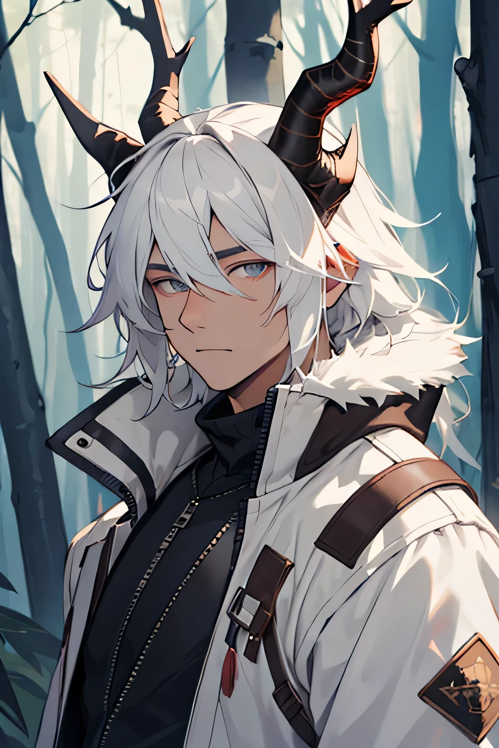 pure, anthropology, male, Solitary, Leather, Piebald fur,Animal horns,There are eyelids, Forest background