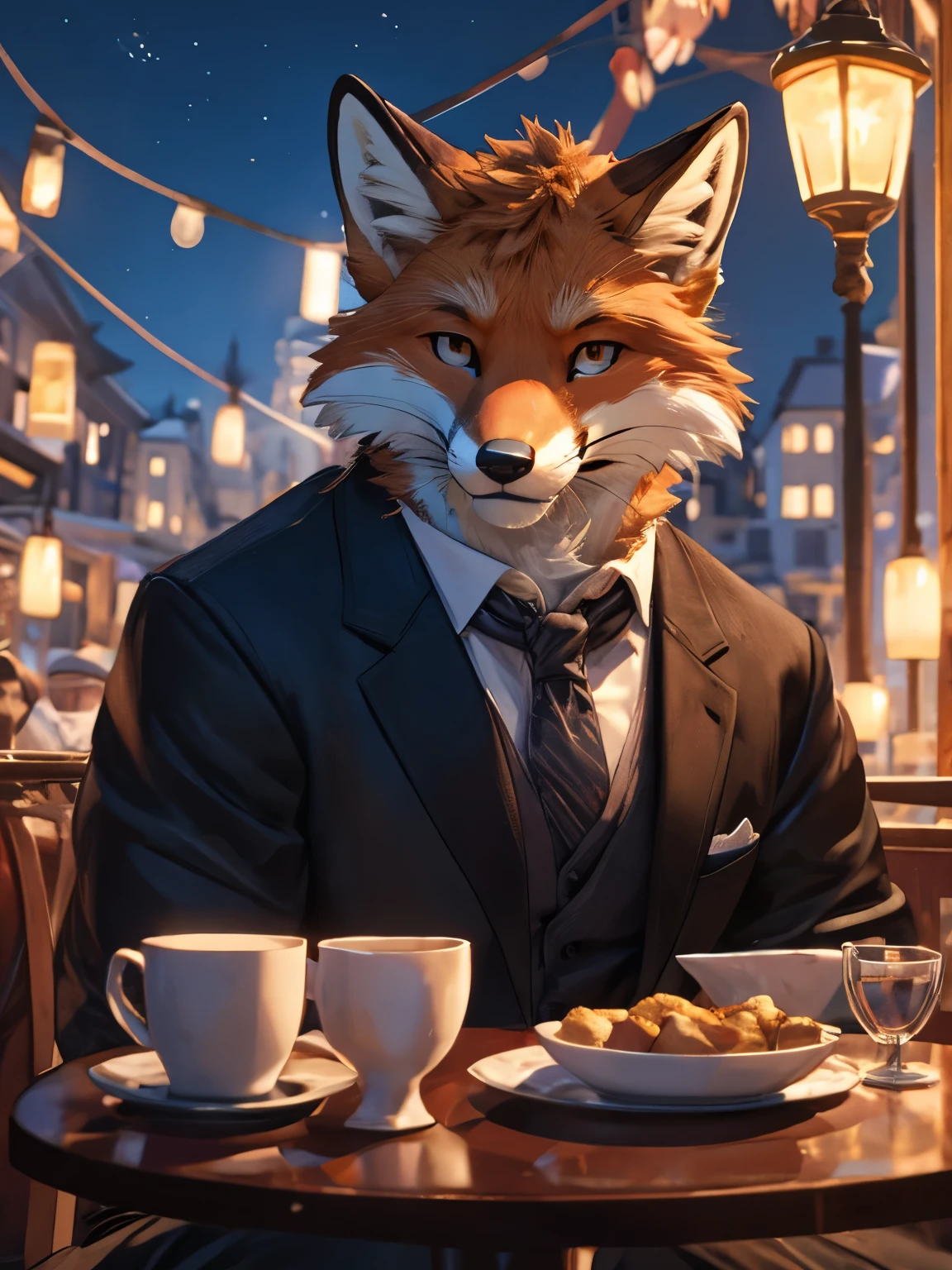 ((An anthropomorphic fox)) male, with realistic fur, tuxedo, wearing glasses, very fluffy, realistic fur on head, black fur hands, looking at viewer, proud face, Best quality, detailed. Un ambiente de una terraza de un cafe, Una noche oscura con una luna grande y brillante