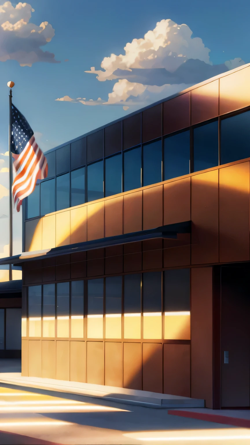 American flag in the distance,Teaching building,beautiful,Realistic