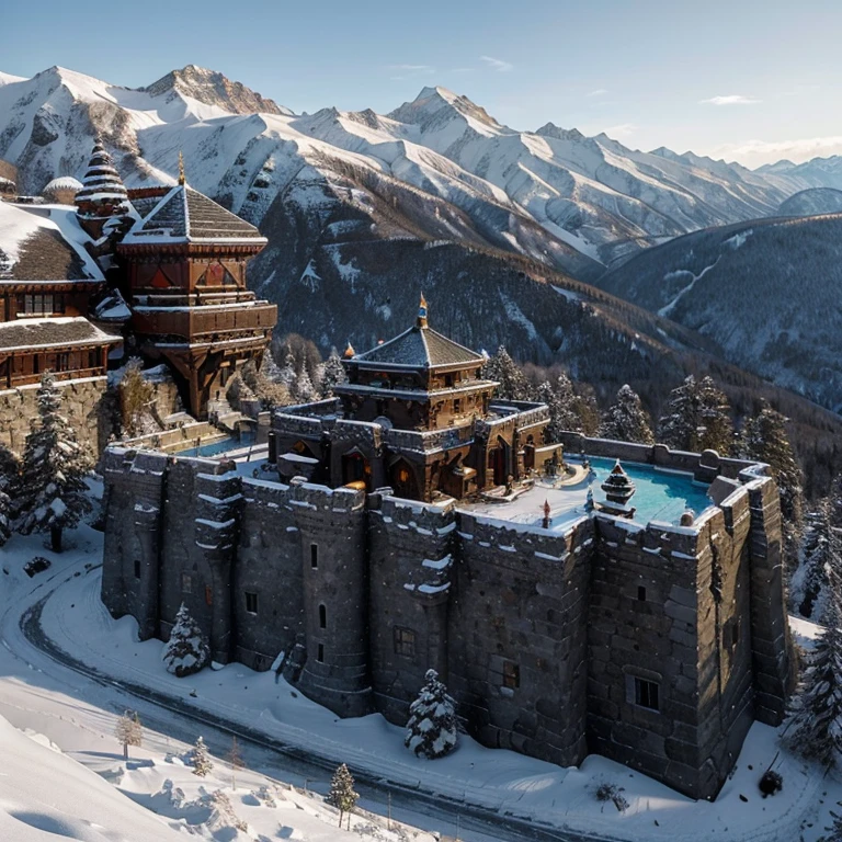 The Thermia Kingdom is a majestic land nestled in the heart of the snow-capped mountains of the north. It is set deep in the mountains. Their Kingdom is built on a mountainside. It is a cliff side palace. At the center of this magnificent kingdom lies its crowning jewel, the palace. Crafted to withstand the harshest of climates, this fortress is a true testament to the skill and ingenuity of Thermia's craftsmen. Though the castle is large, it is surrounded by many large wooden villages in the snowy mountains. Their palace is made of stone and precious gemstones. The villages around the palace are built into the cliff sides. The palace is also made of wood and gray stone and ice. This is a kingdom that is built into a Cliffside. This is an extremely medieval kingdom. This kingdom is at the very top of the mountain on the peaks of the mountains. On the tops of the castles is blue tiling. The kingdom colors are blue, white and gray with dark wooden furnishings. The villages are made of wood and stone with blue roof furnishings. There is snow all over the kingdom.