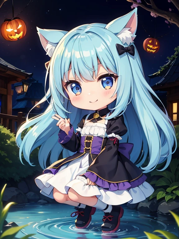 Chibichara Halloween Scenery(picture) Long hair and blue hair((Chibi Character))、Charming smile、fluffy、With a girl、Chibi Character、Friends of the Forest、Whole Body Ezbian、Pastel colored hair、Tabletop、highest quality、