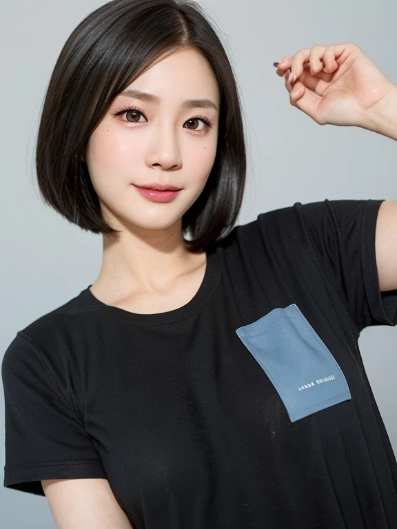 (kawaii 24 year-old Japanese girl, Nogizaka idol, Korean idol), (glossy black hair, messy very short hair, messy pixie cut, symmetric hair length, even length hair edges:1.3), (forehead), (extra rounded face, black eyes, single eyelid, no makeup, soft smiling:1.2), (wearing light blue t-shirt:1.3), (flat chest, extra small breasts:0.8), (looking at viewer:1.2), BREAK, (simple white background:1.3), (angle from below, portrait:1.3), BREAK, (masterpiece, best quality, photo realistic, official art:1.4), (UHD, 8K quality wallpaper, high resolution, raw photo, golden ratio:1.2), (shiny skin), professional lighting, physically based rendering, award winning, (perfect anatomy, highly detailed skin, extremely detailed face and eyes), Carl Zeiss 85 mm F/1.4, depth of field, 1girl, solo,