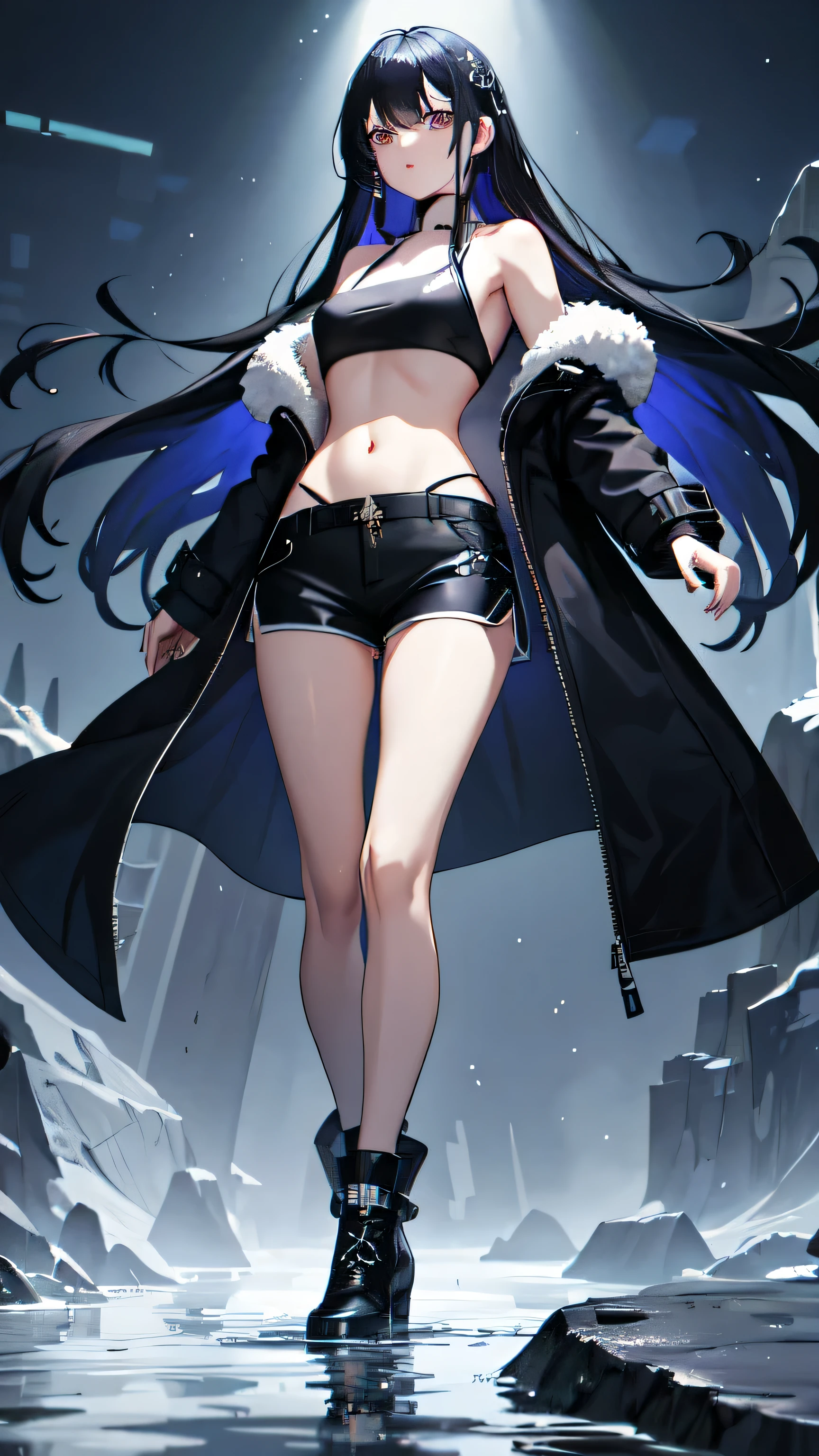 1 Girl, long hair,coat jacket style,,Tube Top,leaky belly button,shorts,black blue clothes,dark blue hair,Pupils with blue top and purple bottom,boots,fair skin,Water magic on hand,There is ice mist all around,wallpaper, Blood,night, light particles, light, Side Light, thigh,