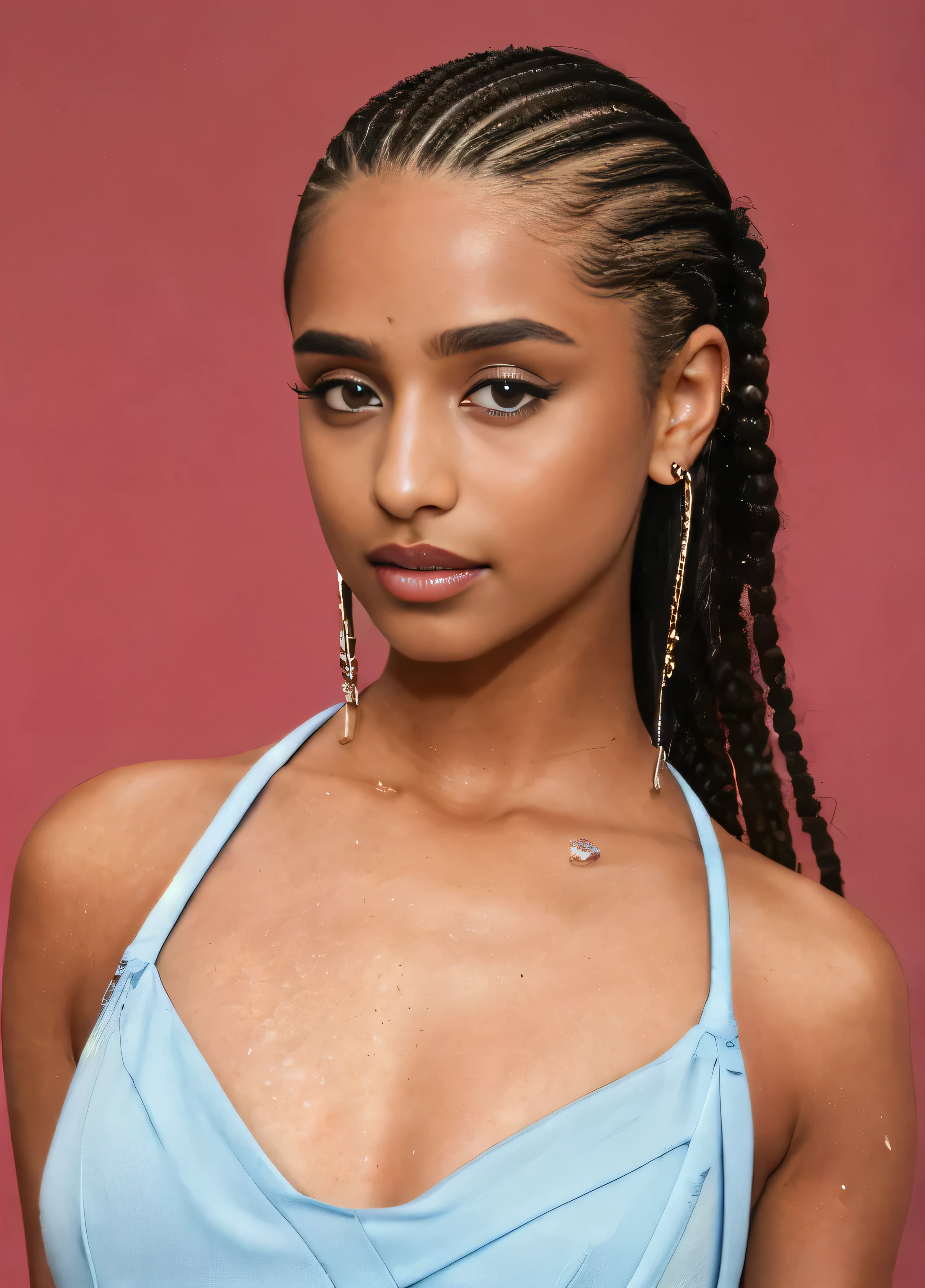 a close up of a woman with a braided ponytail and a blue dress, gettyimages, getty images, she has olive brown skin, imaan hammam, 2022, 2 0 2 2, ashteroth, in style of tyler mitchell, smooth in _ the background, stunning beauty, cornrows, arian mark, photo in style of tyler mitchell