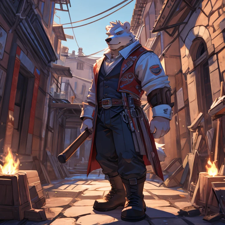 Barefoot furry character, full body, furry boy.

Polar bear, denim pants, black walking boots, nice feet paws, carrying a forge hammer, wearing a vest

BREAK, detailed background, 8K, (masterpiece), intricate details, highly detailed, extreme detail, best quality, highres, (detailed face), nice face, ((full_body)), UHD, ((perfect hands)), ((clean anime))