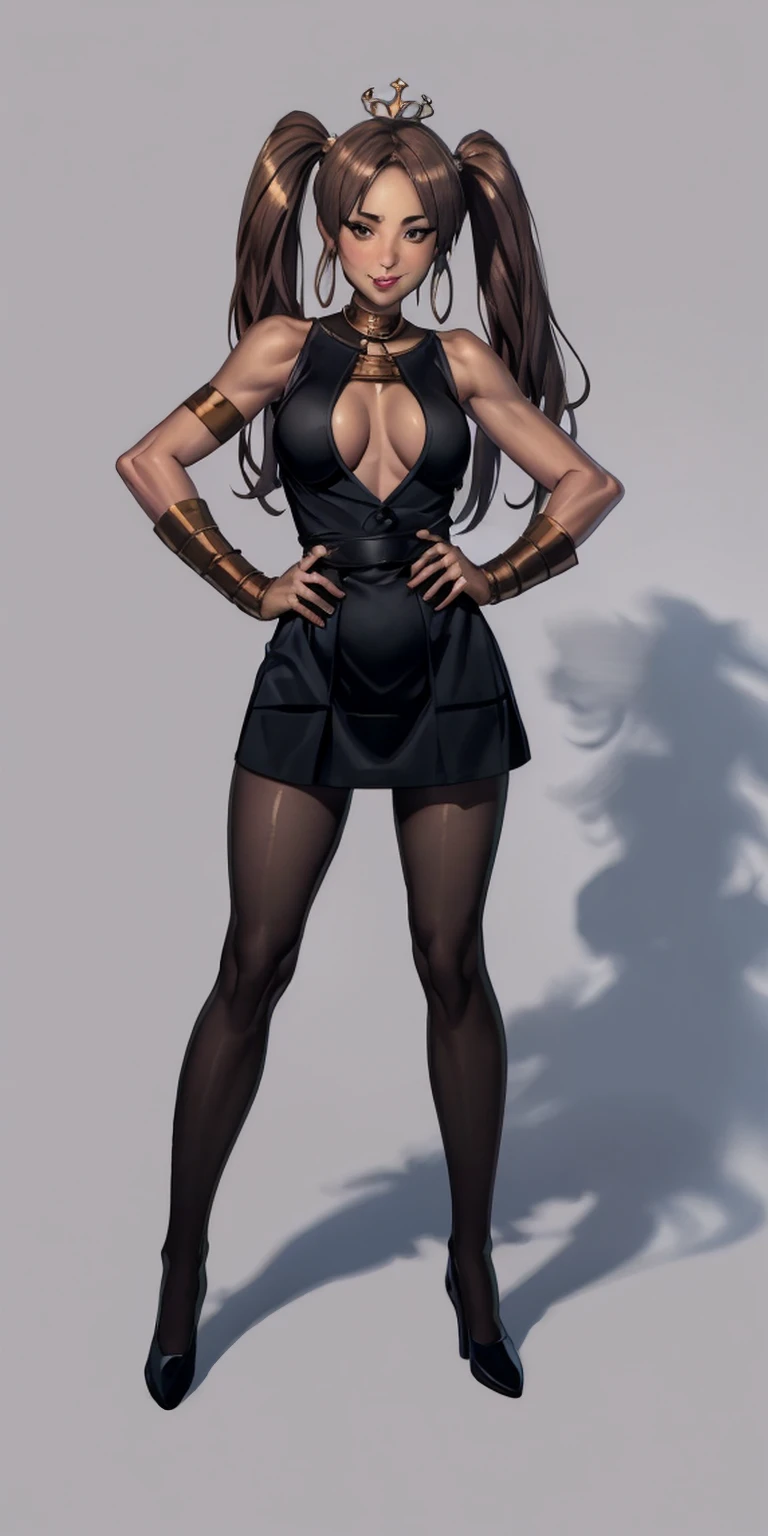 full body standing straight symmetrical, huge cowboy shot, solo 1MILF, lustful smirking smile face, looking at viewer, hands on hips, twin tails, twin drills, dress, striped pantyhose, metal handcuffs on their hands with a black metal slave collar around her neck, cowbell attached to the choker, sleeveless, black stockings, golden tiara