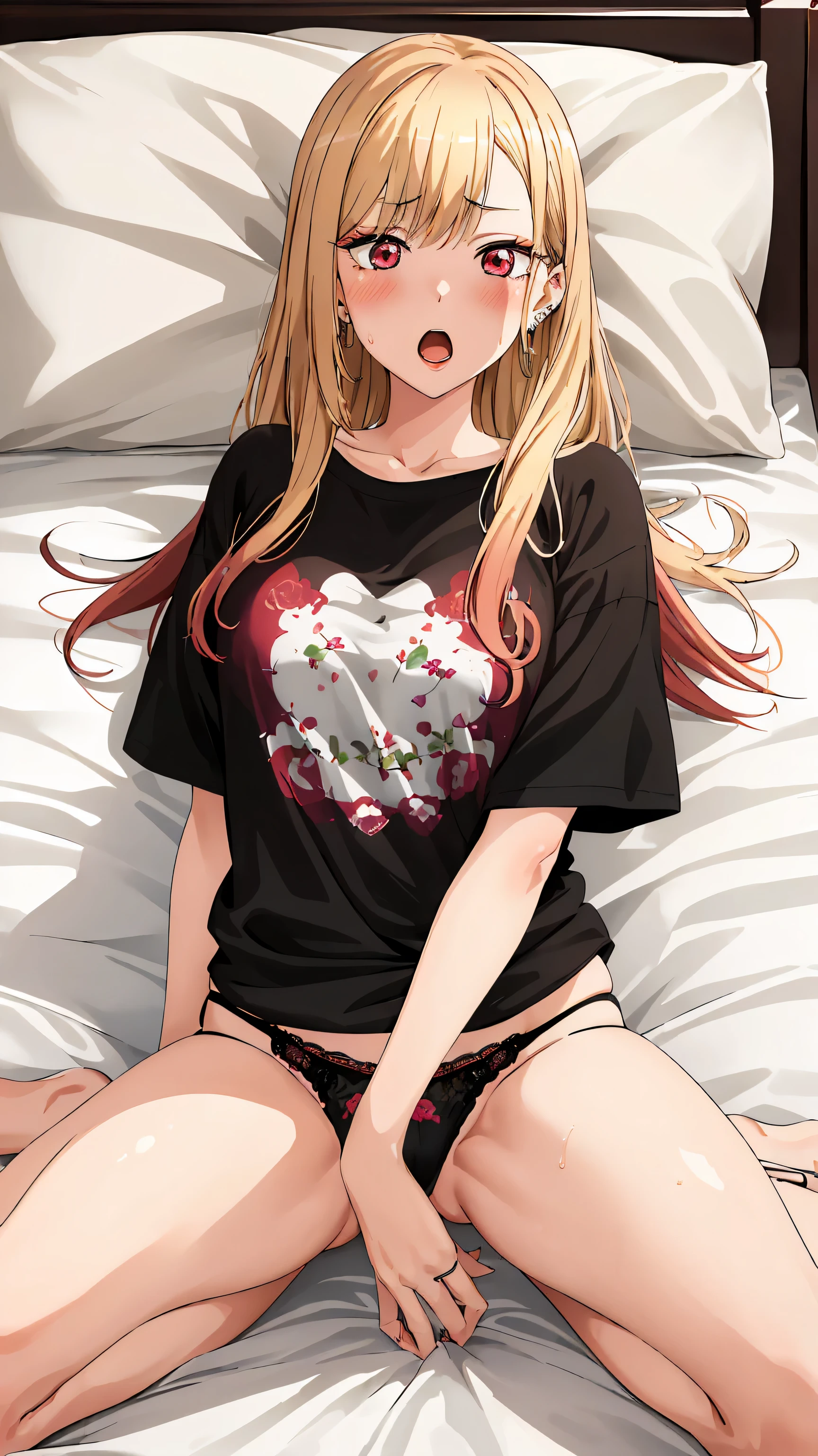 masterpiece, highest quality, High resolution, kitagawa marin sb, 1 girl, blonde hair, long hair, colorful hair, red eyes, jewelry, earrings, earrings, long t-shirt, (full body), Lace black panties,(lying on the bed:1.5), (show panties:1.3), spread legs, sweat, blush, narrow eyes, open mouth, her room