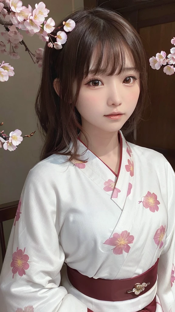 One Girl, (Beautiful girls, Delicate girl:1.3), (:1.3),
break, (Floral, kimono, kimono, white kimono:1.3),
break, Very fine grain, (Symmetrical eyes:1.3),
break, (cherry blossoms, filled with cherry blossoms, surrounded by cherry blossoms:1.2), perfectly trimmed fingers,
break, Small breasts, Brown eyes, Parted bangs, brown hair, (Upper teeth, The best smile:0.6),
break, (Eye and facial details:1.0),
break, (masterpiece, highest quality, Ultra-detailed, Detailed face, 8K)
