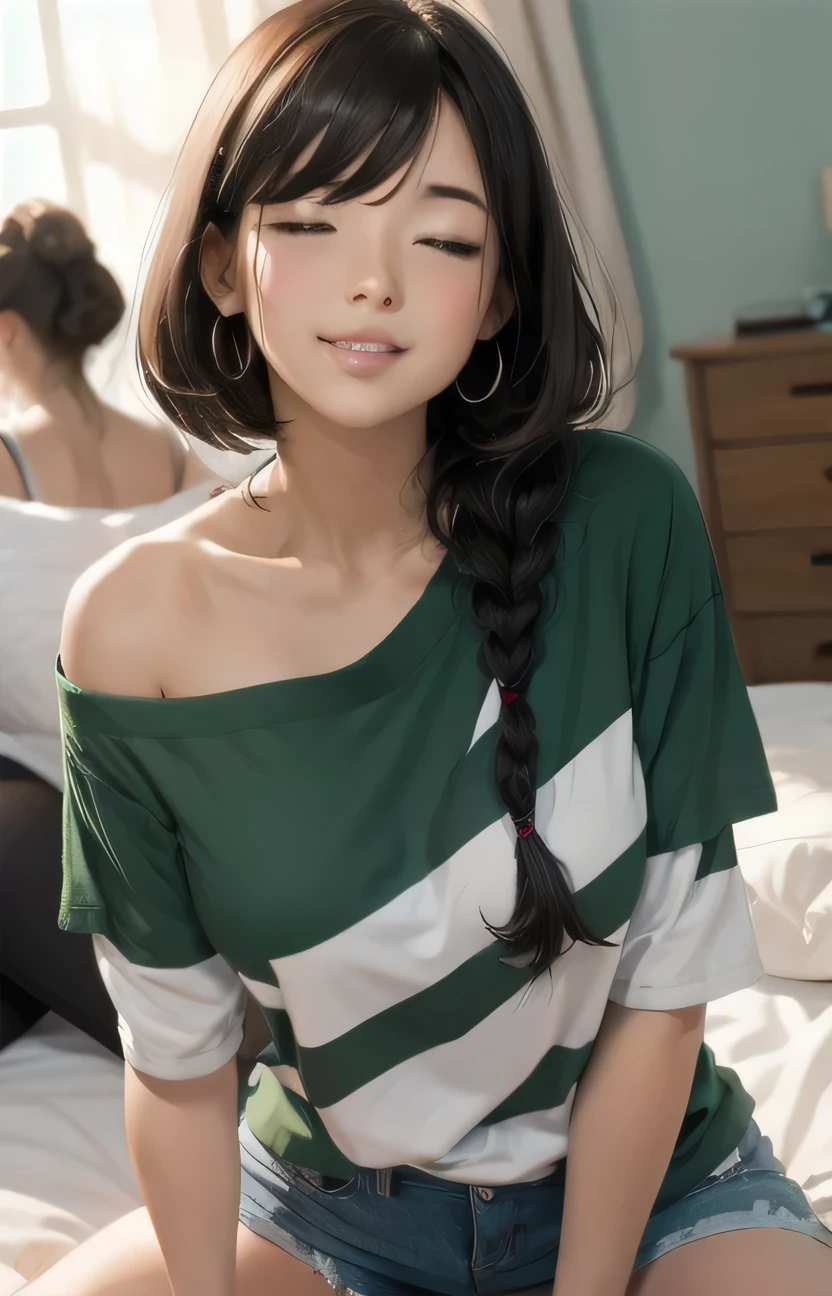 Sexy woman, black hair, single braid, long forehead, eyes closed, lips parted smiling, deepest blush, off shoulder olive green t shirt and blue short shorts, lying on bed, very seductive, aroused
