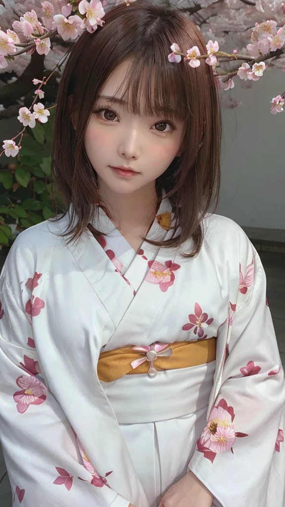 One Girl, (Beautiful girls, Delicate girl:1.3), (21 years old:1.3),
break, (Floral, kimono, kimono, white kimono:1.3),
break, Very fine grain, (Symmetrical eyes:1.3),
break, (cherry blossoms, filled with cherry blossoms, surrounded by cherry blossoms:1.2), perfectly trimmed fingers,
break, Small breasts, Brown eyes, Parted bangs, brown hair, (Upper teeth, The best smile:0.6),
break, (Eye and facial details:1.0),
break, (masterpiece, highest quality, Ultra-detailed, Detailed face, 8K)