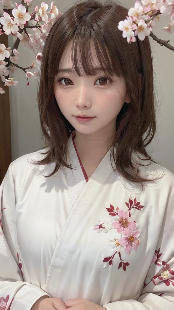 One Girl, (Beautiful girls, Delicate girl:1.3), (21 years old:1.3),
break, (Floral, kimono, kimono, white kimono:1.3),
break, Very fine grain, (Symmetrical eyes:1.3),
break, (cherry blossoms, filled with cherry blossoms, surrounded by cherry blossoms:1.2), perfectly trimmed fingers,
break, Small breasts, Brown eyes, Parted bangs, brown hair, (Upper teeth, The best smile:0.6),
break, (Eye and facial details:1.0),
break, (masterpiece, highest quality, Ultra-detailed, Detailed face, 8K)