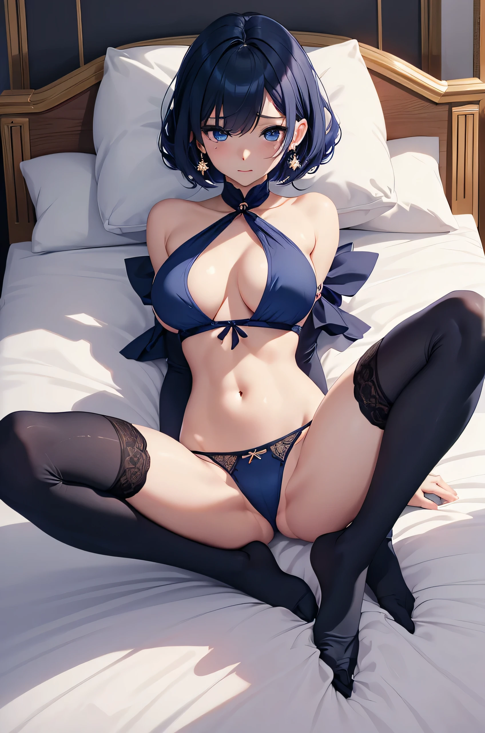 最high quality、best image quality、masterpiece、Curvy but thin body、perfect eyes, perfect face,The exact number of fingers、Exact number of legs、The exact number of armatures((bust 180:1.8)),beautiful blue eyes、1 girl:4.0、milking(Own),publish one&#39;chest of,beautiful nipples、beautiful big breasts(erect nipples:1)、sexy look、big breasts, 、Black Stockings、Light blue short hair（inward curl hair）、thin、((Wearing only sexy navy underwear 1.8)),from head to calf、Black wristband on wrist、Golden star-shaped hair ornament、Golden Necklace、red face、Slippery texture)）high quality、beautiful art、With background((bed)))、((open your legs:1.8、raise both legs:1.8,Own your thighs:1.8,lie down on the bed:1.8)),visual art、Depth of written boundary、One earring in each ear、mole under eye、beautiful thighs 