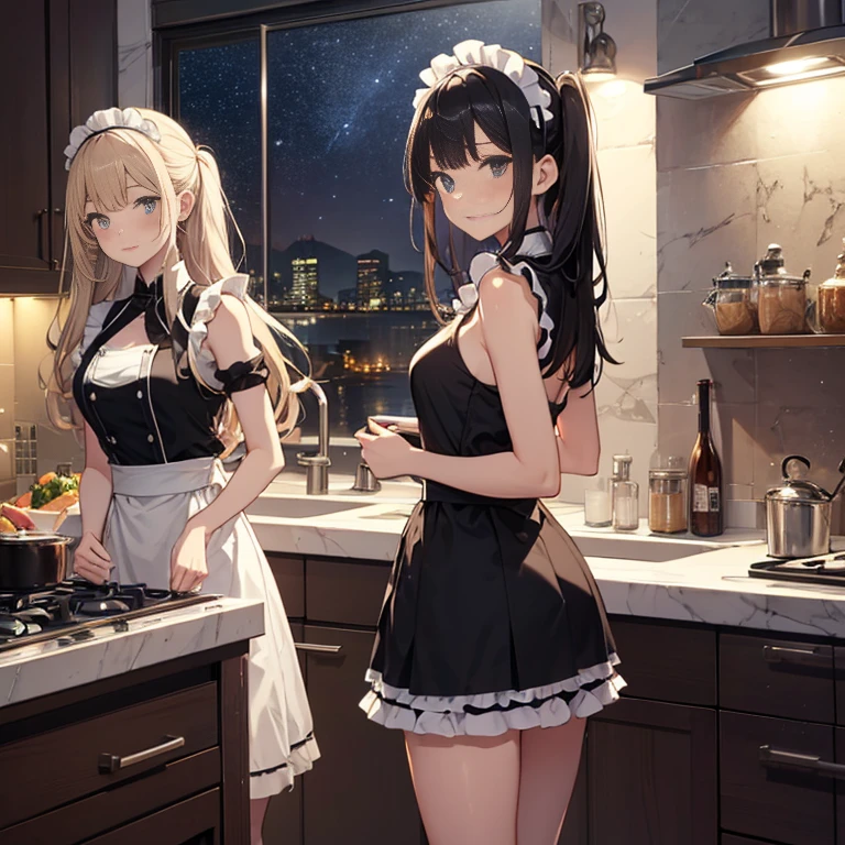 A group of maids, (in kitchen), various hair styles, harem, wearing maid uniform, night, details face, , short skirt, seducing, sleeveless , night, starry night