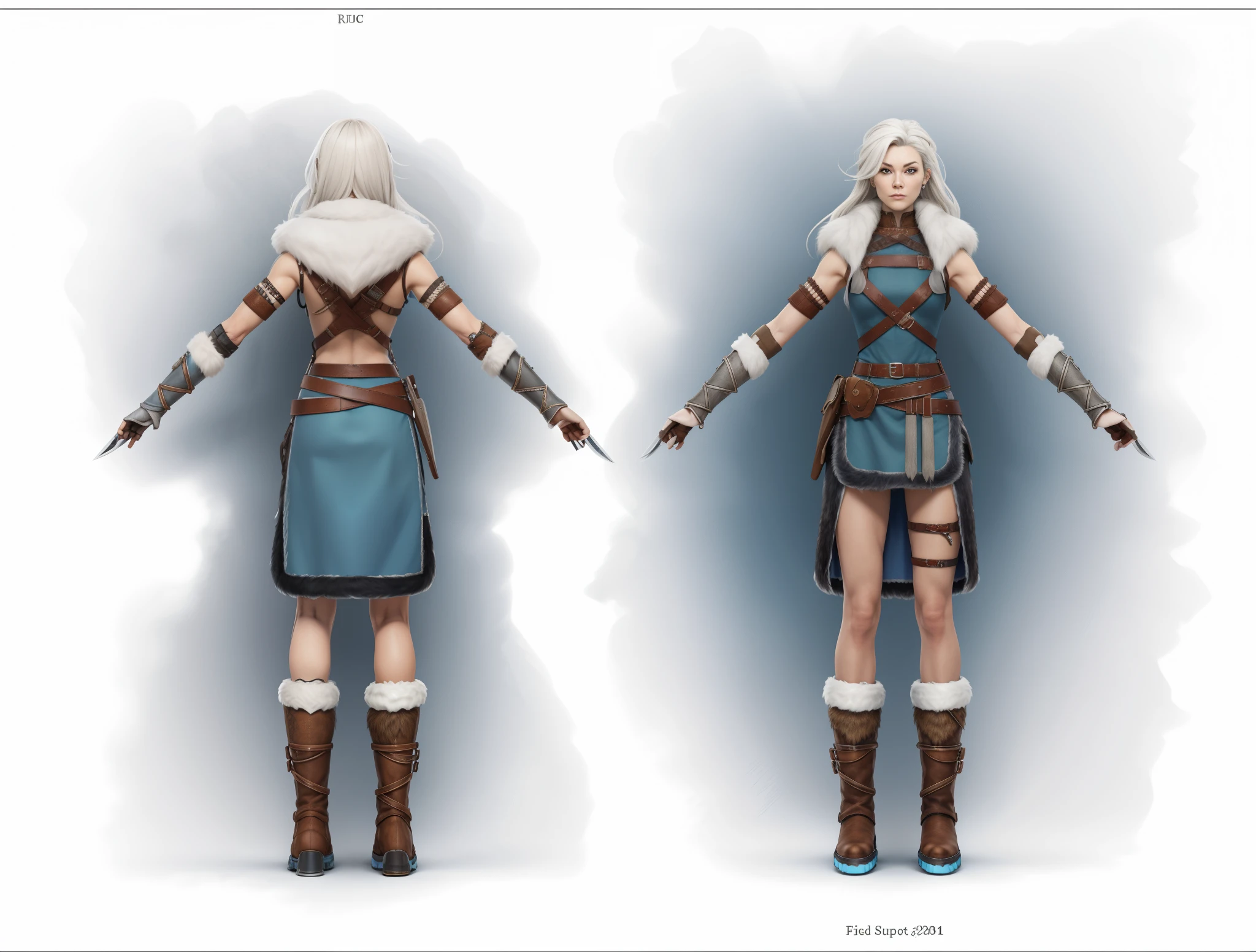 ( Realistic:1.33),(masterpiece:1.1),(highest quality:1.1),(HDR:1) a close up of a Viking woman warrior wearing armor and fur coat with rune tattoos , full body concept, detailed full body concept, Mulher guerreira viking com olhos azuis e cabelo loiro platinado, full body character concept,costume concept design, full body details, detailed full body concept art, full character body, character model sheet turnaround, fullbody shot turnaround, concept character sheet, full body concept art, reference model sheet , full body concept art, RPG style character, game character design, 3d character reference sheet, male, video game character concept, detailed character design, character sheet, character model sheet turnaround , front and back, front and back, grey clean background, 3D character, leather belt with leather knife bag, leather armband, leather boots with fur, ocean blue cloth, ocean blue hem with fur.