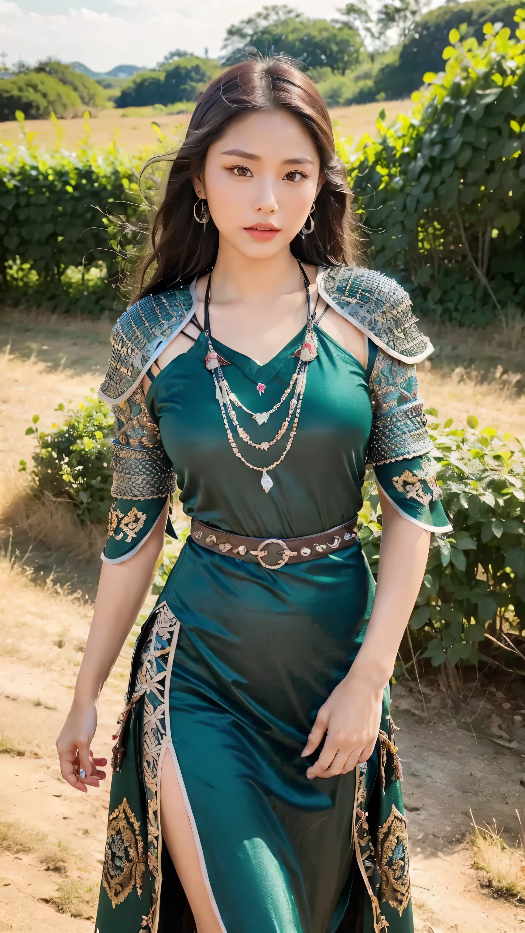 ((Realistic, cinematic, epic, Masterpiece: 1.3)), (raw photo:1.2), Hyperrealist portrait gorgeous Beautiful Chinese tribal female warriors, 30 years old, beautiful serious face, wrinkled face, beautiful detailed charming eyes, (pretty breasts: 1.1), ((sexy dark green native warrior chainmail armor: 1.2), (native brocade fabric armor), (sexy dark green brocade warrior dress)), tribal loin cloth, tribal jewelry, tribal warrior headband, tribal village background, legendary warrior style, hand holding a dagger, full body, professional photography, font view, very detailed faces, (merlot red lips, tribal makeup: 1.2), Best quality, 8K, ancient style