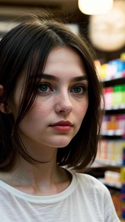A 28-year-old woman wearing a Polina Tkach-style t-shirt, with a very exhausted expression, nice eyes with long eyelashes, detailed lips and face, standing by a store. The scene is viewed from below, with soft, warm lighting. The artwork has photorealistic details and vivid colors. The medium is a mix of illustration and digital painting, giving it a unique, artistic style. The overall tone of the image is cozy and inviting. Her eyes gaze to the left.