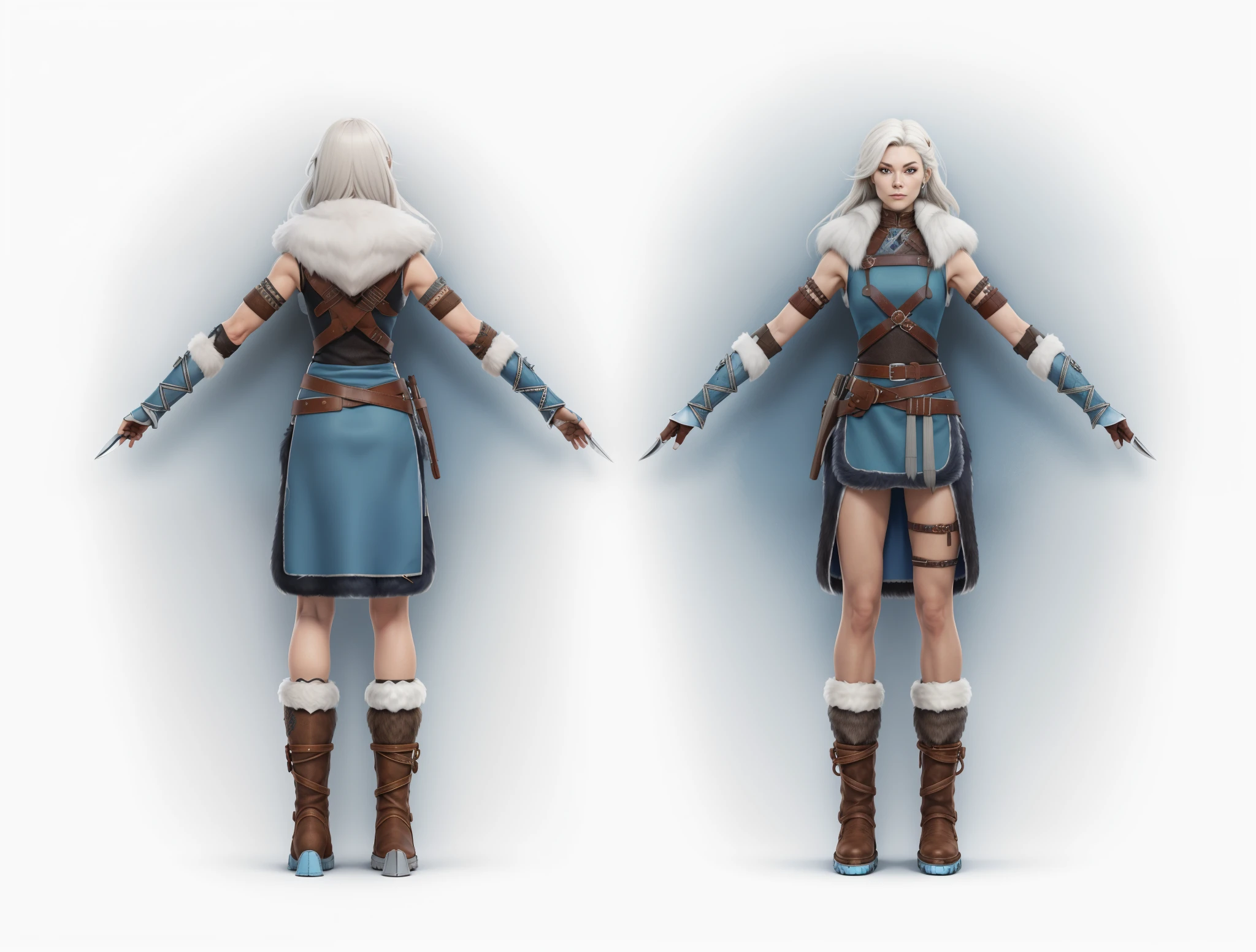 ( Realistic:1.33),(masterpiece:1.1),(highest quality:1.1),(HDR:1) a close up of a Viking woman warrior wearing armor and fur coat with rune tattoos , full body concept, detailed full body concept, Mulher guerreira viking com olhos azuis e cabelo loiro platinado, full body character concept,costume concept design, full body details, detailed full body concept art, full character body, character model sheet turnaround, fullbody shot turnaround, concept character sheet, full body concept art, reference model sheet , full body concept art, RPG style character, game character design, 3d character reference sheet, male, video game character concept, detailed character design, character sheet, character model sheet turnaround , front and back, front and back, grey clean background, 3D character, leather belt with leather knife bag, leather armband, leather boots with fur, ocean blue cloth, ocean blue hem with fur.