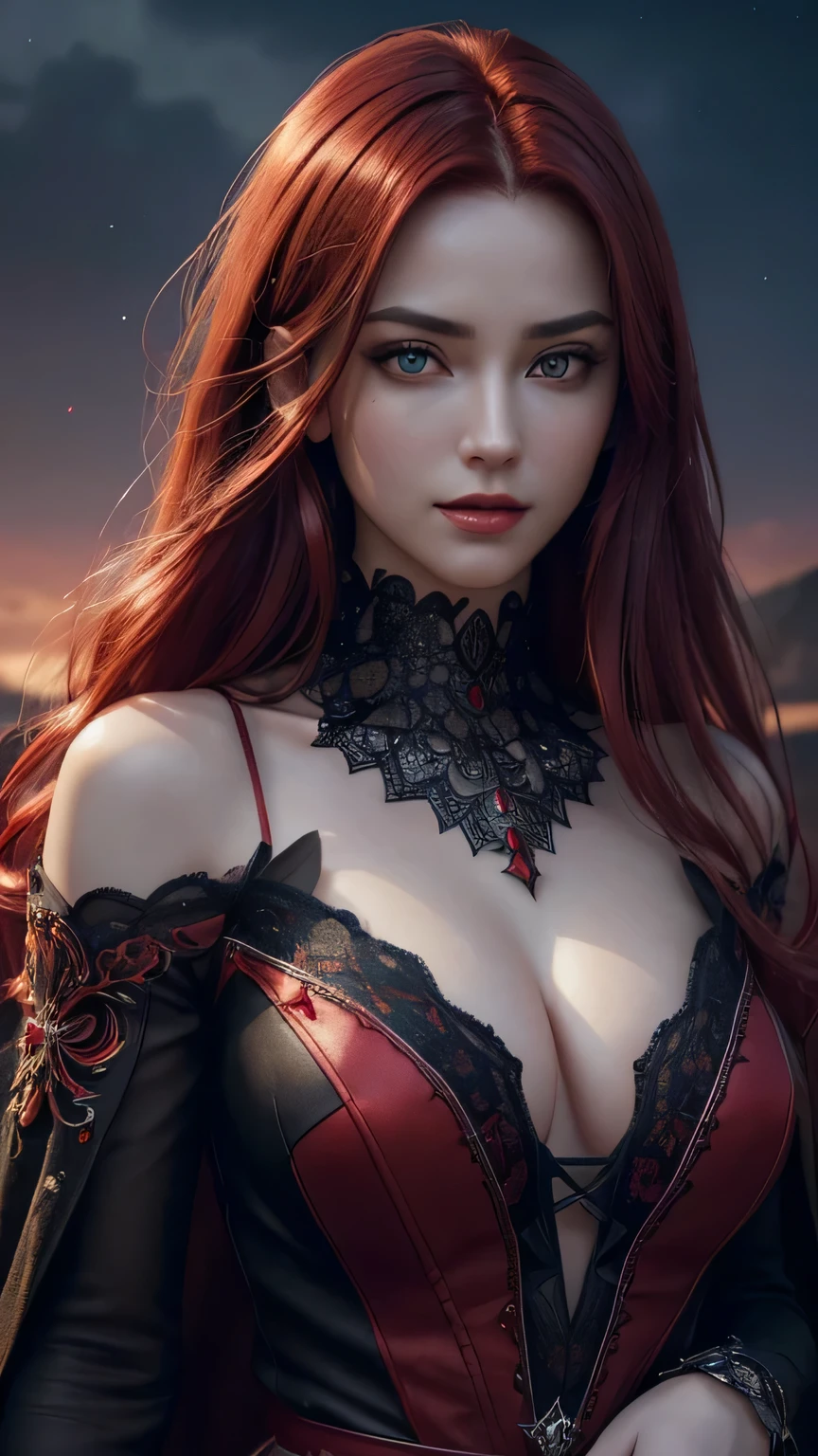 portrait shot, ((vivid red hair)), mature woman, 30 years old, diamond face, moonlight, red starry sky background, depth of field, magic, big red lips, ((dark and red black eyes)) black and red long and full dress, covered chest, mystical atmosphere, ominous shadows, Intense blue aura, Intense red aura (best quality:1.2), absurdres, intricate details, (highly detailed skin:1.2), smile expression, posing, taut and well defined body, attractive. Highly realistic, pale skin, beautiful, hyperrealism, skin very elaborated, direct gaze, (RAW, analogue, Nikon Z 14mm ultra-wide angle lens, award-winning glamour photograph, ((best quality)), ((masterpiece)), ((realistic)), skin pores, subsurface scattering, high-res, detailed facial features, high detail, sharp focus, smooth, aesthetic, extremely detailed, (extremely detailed eyes, extremely detailed iris), extremely detailed hair, extremely detailed skin, extremely detailed clothes, octane render, photorealistic, realistic, post-processing, max detail, realistic shadows, roughness, natural skin texture, real life, ultra-realistic, photorealism, photography, 8k UHD, photography, hdr, intricate, elegant, highly detailed, sharp focus, stunning, beautiful, gorgeous), realistic, masterpiece, highest quality, movie still, cloud girl, floating in the sky, (close-up:1.1), medium breast, bright, happy, fun, soft lighting,
