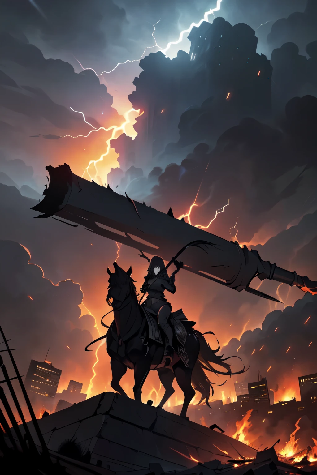 (a person is standing on top of a hill, overlooking a burning city in the midst of a thunderstorm,a person looks out over a burning city from the top of a hill,as a thunderstorm rages overhead. A skeletal figure wielding a scythe descends from the sky,riding on a tank, a death god descends from the sky on a tank, wielding a scythe, as lightning crackles and the city burns below.)
(highres,HDR,photorealistic:1.2),ultra-detailed, (Vivid colors, intense contrast), (stormy, dark, sinister atmosphere), storm clouds loom overhead, casting dramatic shadows on the scene. (The thunderstorm intensifies, with bolts of lightning illuminating the sky), the lightning provides a stark, otherworldly illumination to the scene, adding to the dramatic effect. The rain pours down in sheets, drenching the burning city below and causing the flames to flicker and dance. The city is engulfed in chaos and destruction, with buildings collapsing, fires raging, and smoke billowing into the sky. The air is thick with ash and the smell of burning debris.)
(The person standing on the hill is filled with awe and despair as they witness the devastation before them. Their face is filled with a mixture of horror, sorrow, and determination. Dressed in tattered clothing, they grip the edge of the hill tightly with one hand, as if seeking support. The wind whips through their hair and clothes, adding to the sense of movement and dynamic energy in the scene. Their eyes are wide with fear and anticipation, as they anxiously wait for the arrival of the death god.)
(The death god is a menacing figure, shrouded in darkness. Their skeletal form is visible through the tattered remnants of a cloak, which billows in the wind as they descend from the sky. They hold a gleaming scythe in one hand, a symbol of impending doom. The tank they ride on is a massive, formidable machine, covered in dark armor and adorned with eerie, glowing symbols. The tank's treads grind against the ground as it lands, creating a sense o