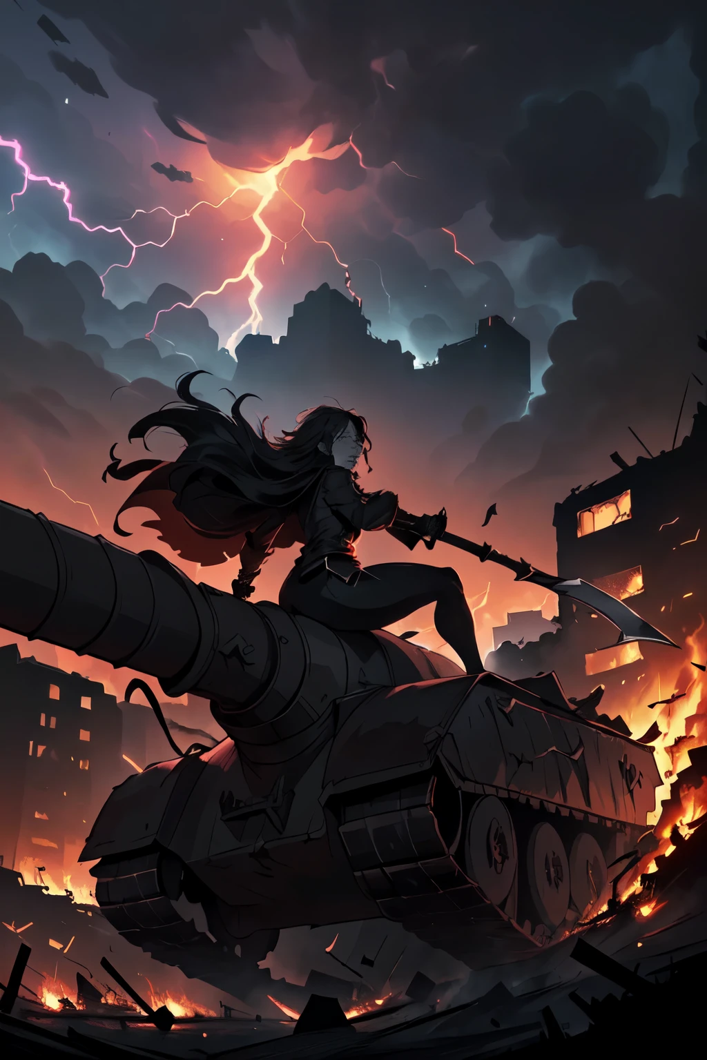 (a person is standing on top of a hill, overlooking a burning city in the midst of a thunderstorm,a person looks out over a burning city from the top of a hill,as a thunderstorm rages overhead. A skeletal figure wielding a scythe descends from the sky,riding on a tank, a death god descends from the sky on a tank, wielding a scythe, as lightning crackles and the city burns below.)
(highres,HDR,photorealistic:1.2),ultra-detailed, (Vivid colors, intense contrast), (stormy, dark, sinister atmosphere), storm clouds loom overhead, casting dramatic shadows on the scene. (The thunderstorm intensifies, with bolts of lightning illuminating the sky), the lightning provides a stark, otherworldly illumination to the scene, adding to the dramatic effect. The rain pours down in sheets, drenching the burning city below and causing the flames to flicker and dance. The city is engulfed in chaos and destruction, with buildings collapsing, fires raging, and smoke billowing into the sky. The air is thick with ash and the smell of burning debris.)
(The person standing on the hill is filled with awe and despair as they witness the devastation before them. Their face is filled with a mixture of horror, sorrow, and determination. Dressed in tattered clothing, they grip the edge of the hill tightly with one hand, as if seeking support. The wind whips through their hair and clothes, adding to the sense of movement and dynamic energy in the scene. Their eyes are wide with fear and anticipation, as they anxiously wait for the arrival of the death god.)
(The death god is a menacing figure, shrouded in darkness. Their skeletal form is visible through the tattered remnants of a cloak, which billows in the wind as they descend from the sky. They hold a gleaming scythe in one hand, a symbol of impending doom. The tank they ride on is a massive, formidable machine, covered in dark armor and adorned with eerie, glowing symbols. The tank's treads grind against the ground as it lands, creating a sense o