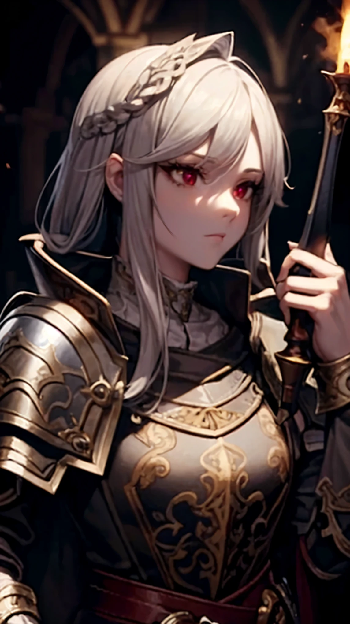high quality, 4k, detailed shadow and light, 1girl, she has light grey hair with dark red eyes and pretty face, makeup, pale skin, she's adventurer from guild and wears cloak with little armor, carrying sword and torch in the dark