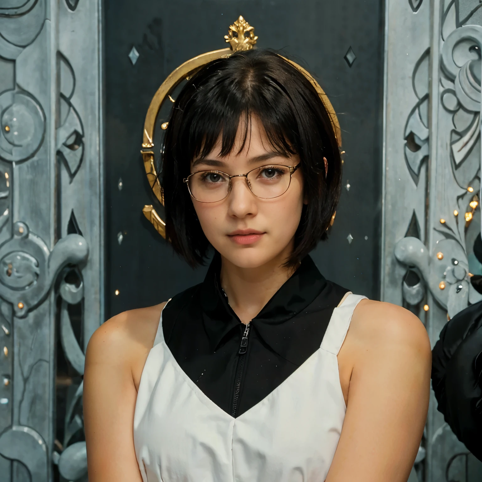 a girl with short hair, dressed formally, her face slightly stern, wearing glasses