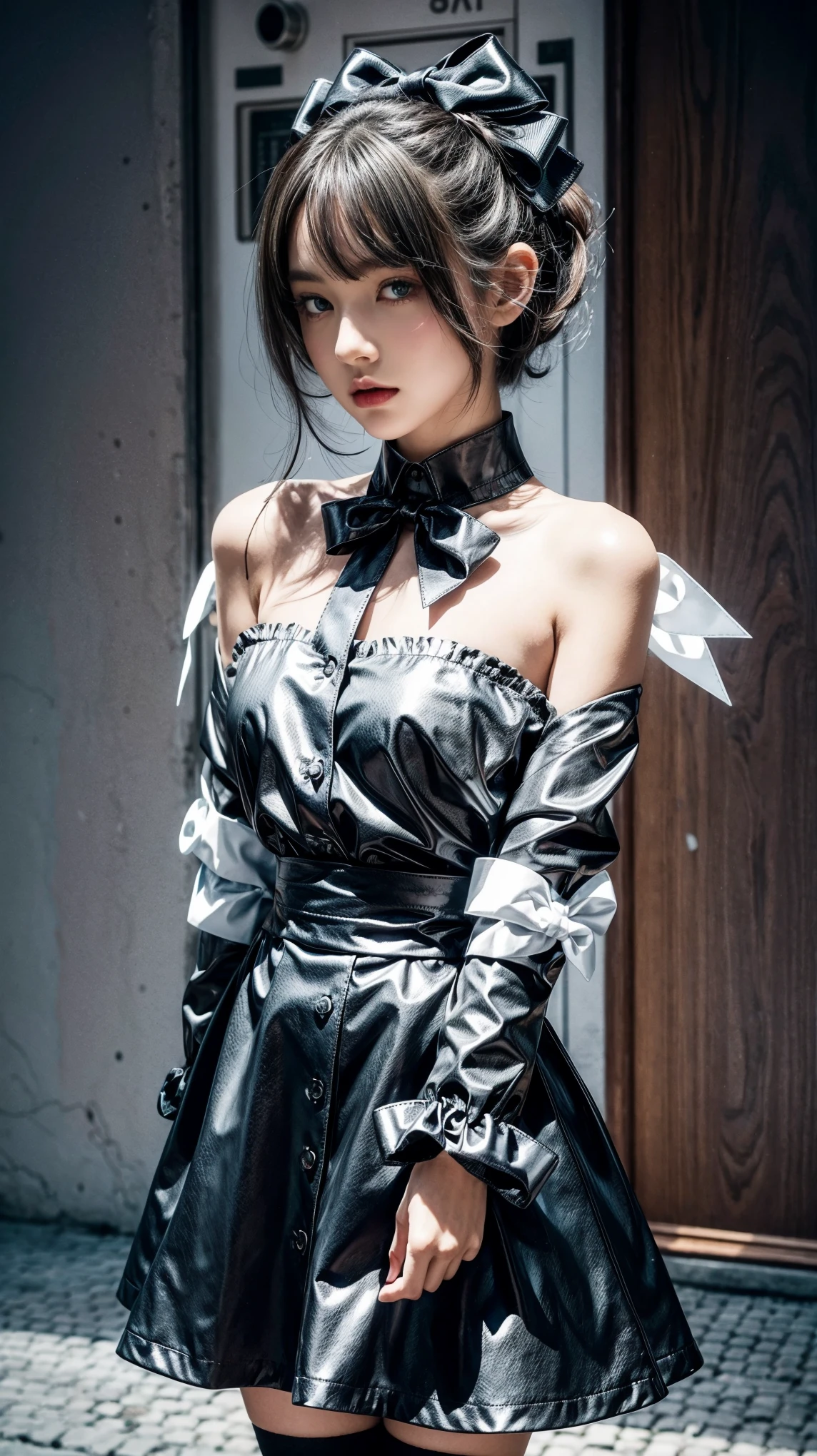 A woman in a black dress and bow tie posing for a picture - SeaArt AI