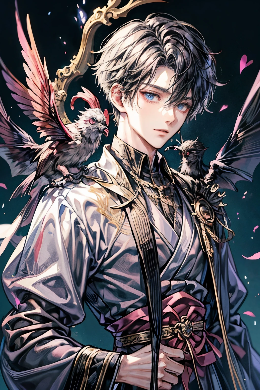 a close up of a person with a bird on his shoulder, delicate androgynous prince, handsome guy in demon slayer art, beautiful androgynous prince, handsome japanese demon boy, handsome male vampire, highly detailed exquisite fanart, anime handsome man, male vampire, handsome anime pose, male anime character, beautiful male god of death, androgynous vampire, handsome prince, slender body, black hair with pink highlights, heart themed, blue eyes, feminine body, male