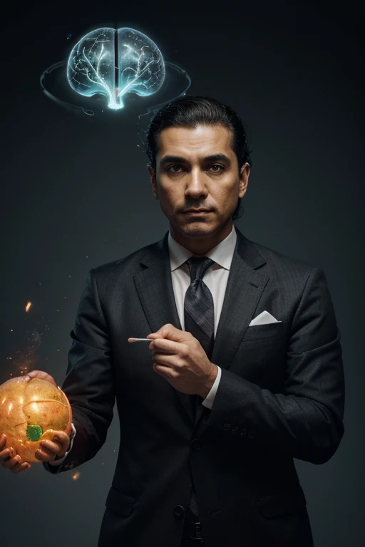 I want you to design the cover of a book called Salesman's Brain, donde aparezca mi persona Jose Alberto Torres agarrando un cerebro de colores mostrando como funciona un cerebro de un vendedor