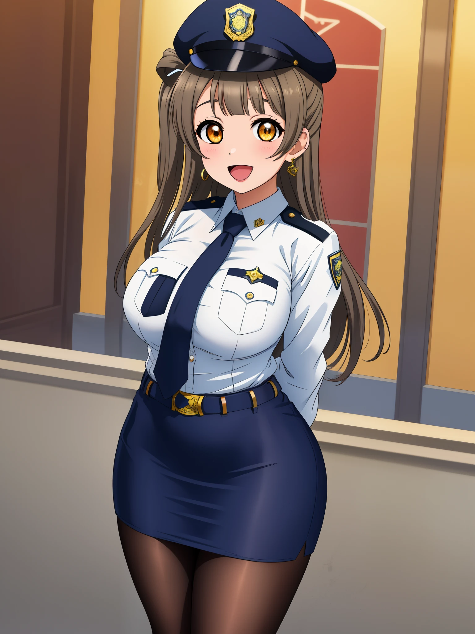 Masterpiece, best quality, (detailed face), minami kotori, curvy body, :D ,white shirt,half sleeves,earrings, pencil skirt, necktie , standing,police cap,in police station,looking at viewer, cowboy shot, thighs, wide hips , arms behind back ,solo focus ,belt, pantyhose , skin tight  , energetic pose 