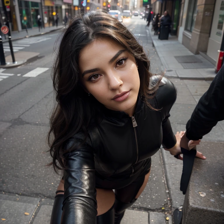 highres,realistic,ultra detailed,portrait,young,beautiful,labanese,girl,20 years old,big eyes,detailed facial features,long eyelashes,sharp beautiful nose,wavy black hair,natural makeup,fashionable attire,fit body,vivid colors,soft lighting,warm tones,rich skin texture,subtle shadows,natural environment,taking selfie,picture captured from top, cleavege, high angle selfie, wearing stockings, sexy curvy body, sexy pretty girl, beautiful face, sexy seductive model pose, sexy smirk, high angle selfie Ultra realistic girl glowing face beautiful face, wearing skin tight black leather leggings, fitted leather jacket zipped up, beautiful New York city streets, standing on sidewalk