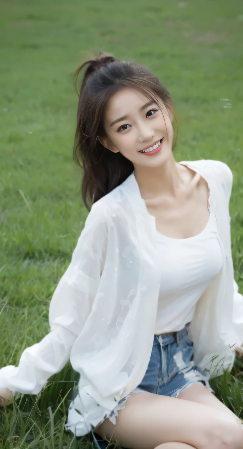 (on the table, best quality, Realistically, Ultra Detailed, meticulous, high resolution, 8k wallpaper), Close-up portrait of a beautiful woman, like, Smile, Light brown messy hair, Perfect dynamic composition, beautiful meticulous eyes, Just like the cover of a fashion magazine, On Campus
