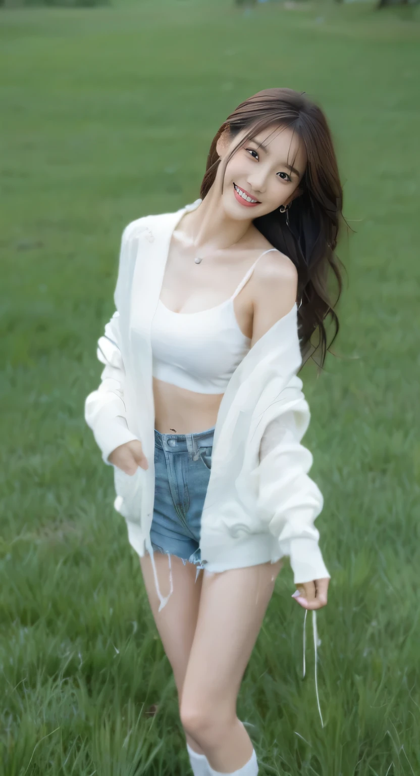 (on the table, best quality, Realistically, Ultra Detailed, meticulous, high resolution, 8k wallpaper), Close-up portrait of a beautiful woman, like, Smile, Light brown messy hair, Perfect dynamic composition, beautiful meticulous eyes, Just like the cover of a fashion magazine, On Campus