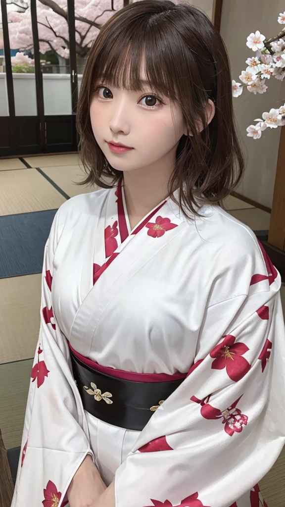 One Girl, (Beautiful girls, Delicate girl:1.3), (21 years old:1.3),
break, (Floral, kimono, kimono, white kimono:1.3),
break, Very fine grain, (Symmetrical eyes:1.3),
break, (cherry blossoms, filled with cherry blossoms, surrounded by cherry blossoms:1.2), perfectly trimmed fingers,
break, Small breasts, Brown eyes, Parted bangs, brown hair, (Upper teeth, The best smile:0.6),
break, (Eye and facial details:1.0),
break, (masterpiece, highest quality, Ultra-detailed, Detailed face, 8K)